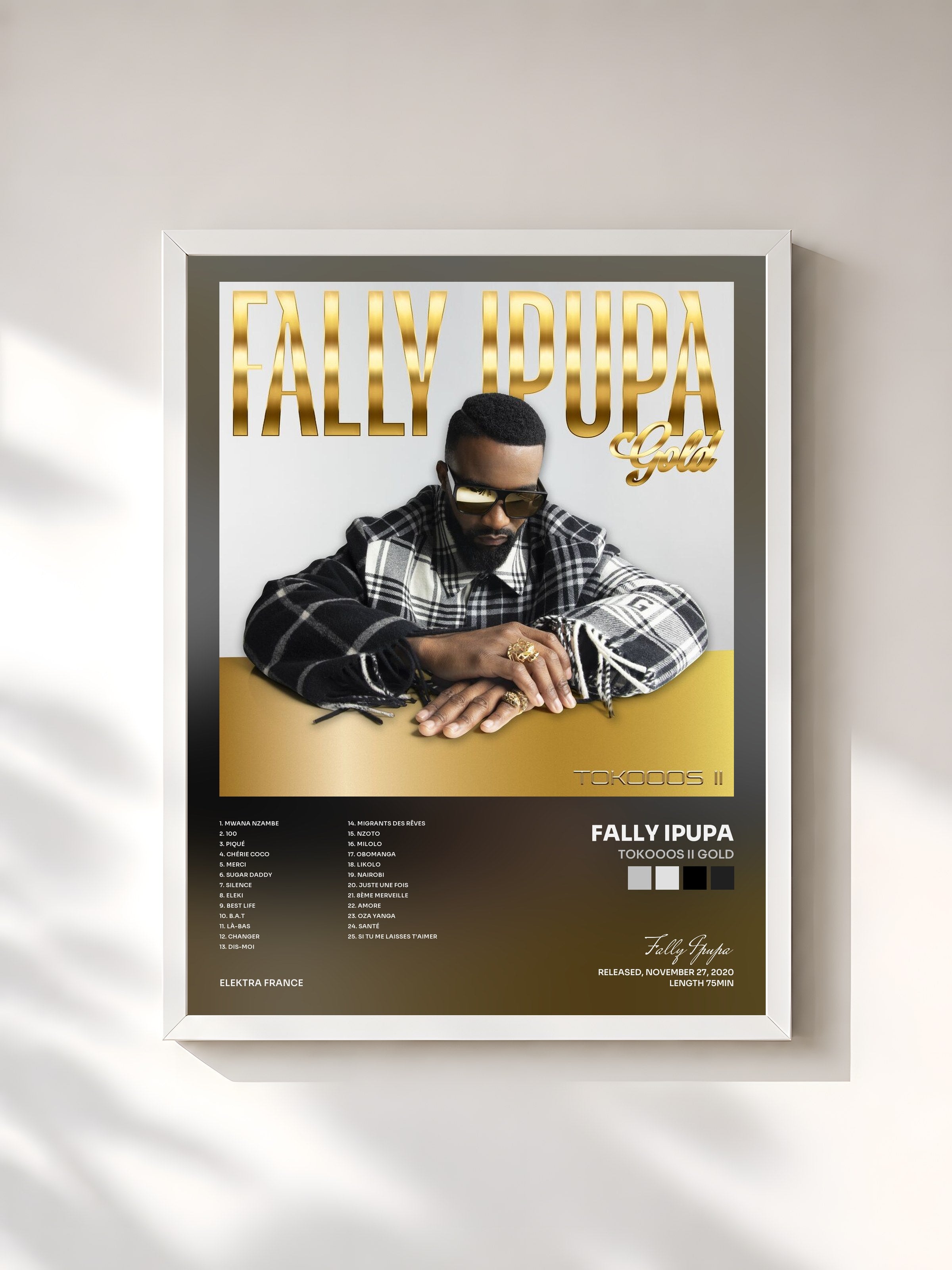 #blanc Tableau de l'album Tokooos II Gold de Fally Ipupa, cadre blanc, imprimé et encadré en France