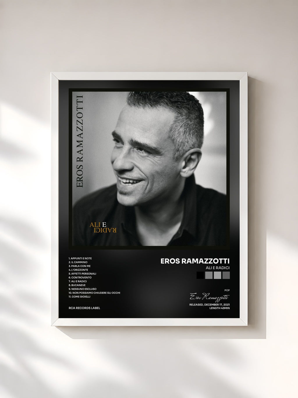 #blanc Ali E Radici by Eros Ramazzotti as a framed art print, white frame, printed and framed in France