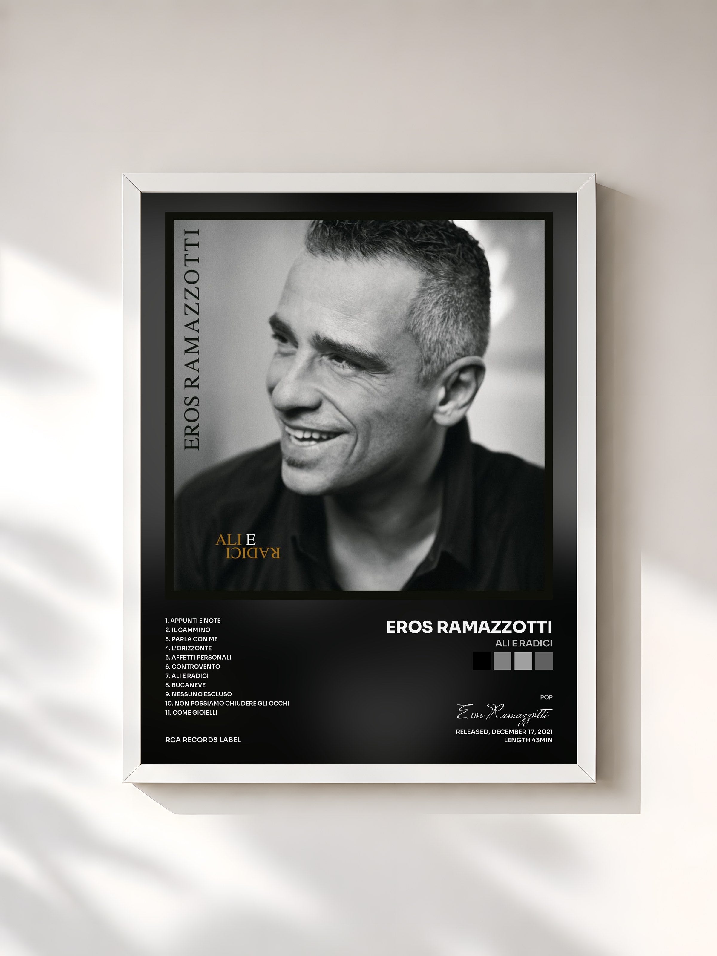 #blanc Tableau de l'album Ali E Radici de Eros Ramazzotti, cadre blanc, imprimé et encadré en France