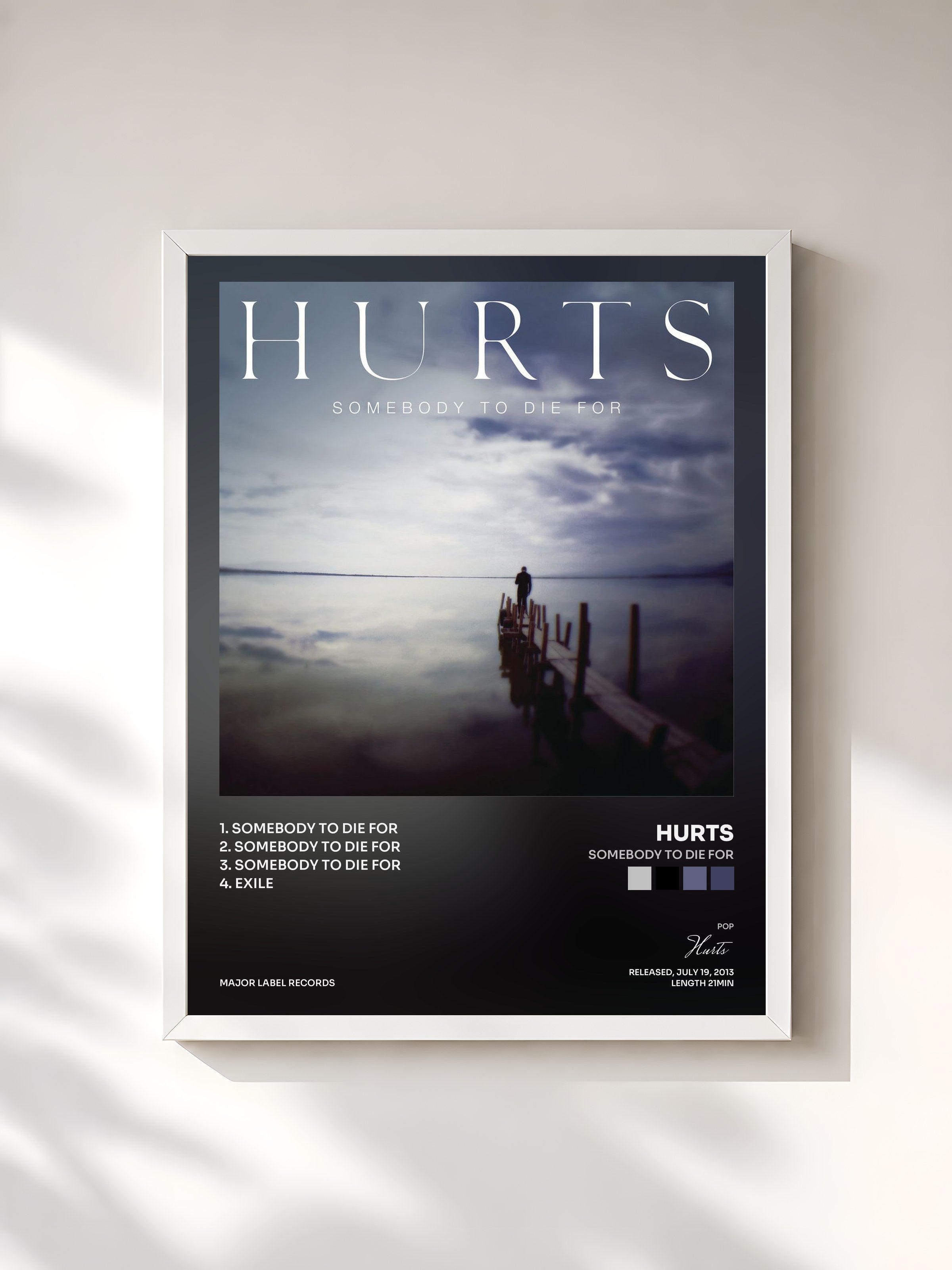 #blanc Tableau de l'album Somebody to Die For de Hurts, cadre blanc, imprimé et encadré en France