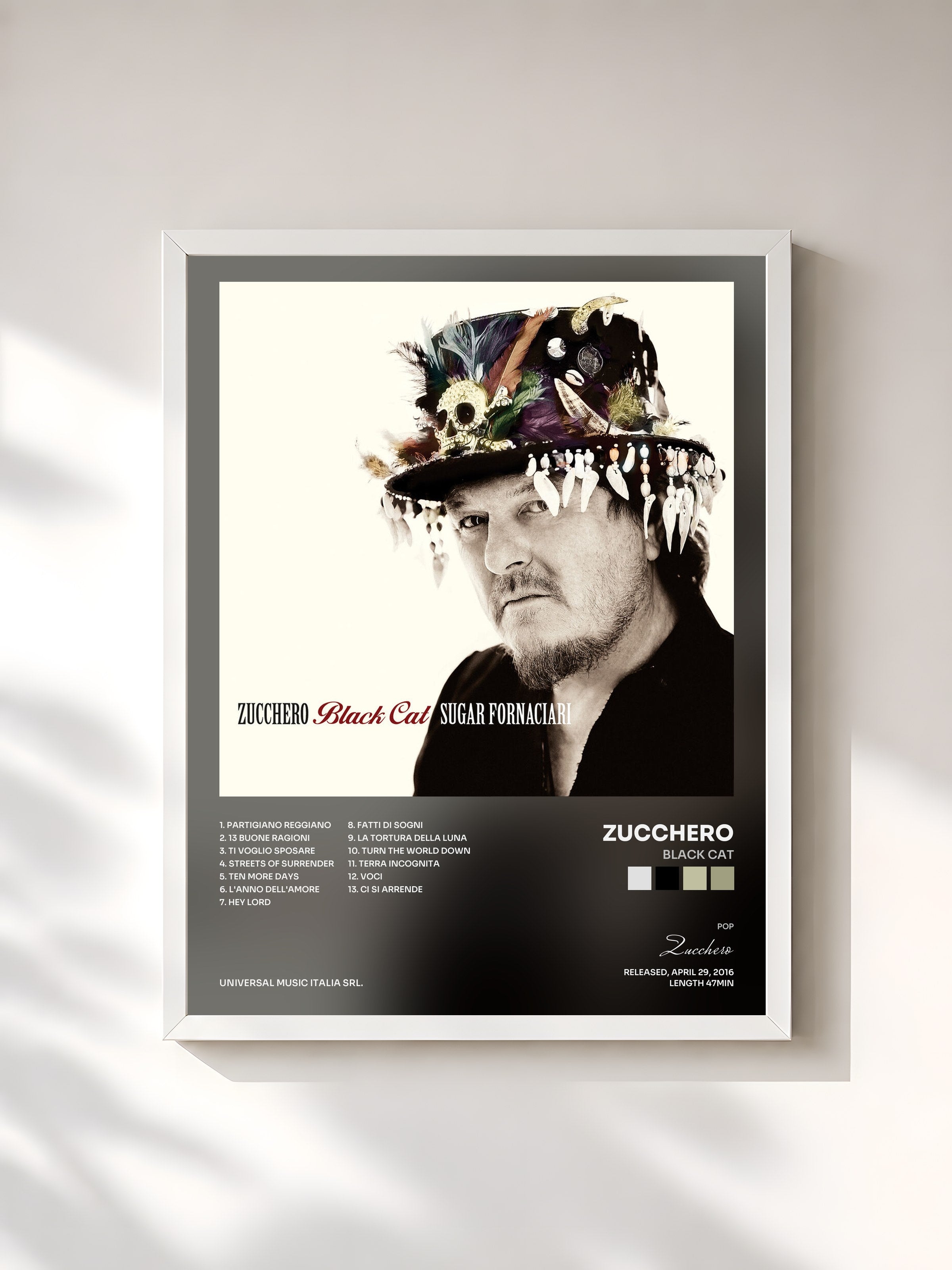 #blanc Tableau de l'album Black Cat de Zucchero, cadre blanc, imprimé et encadré en France
