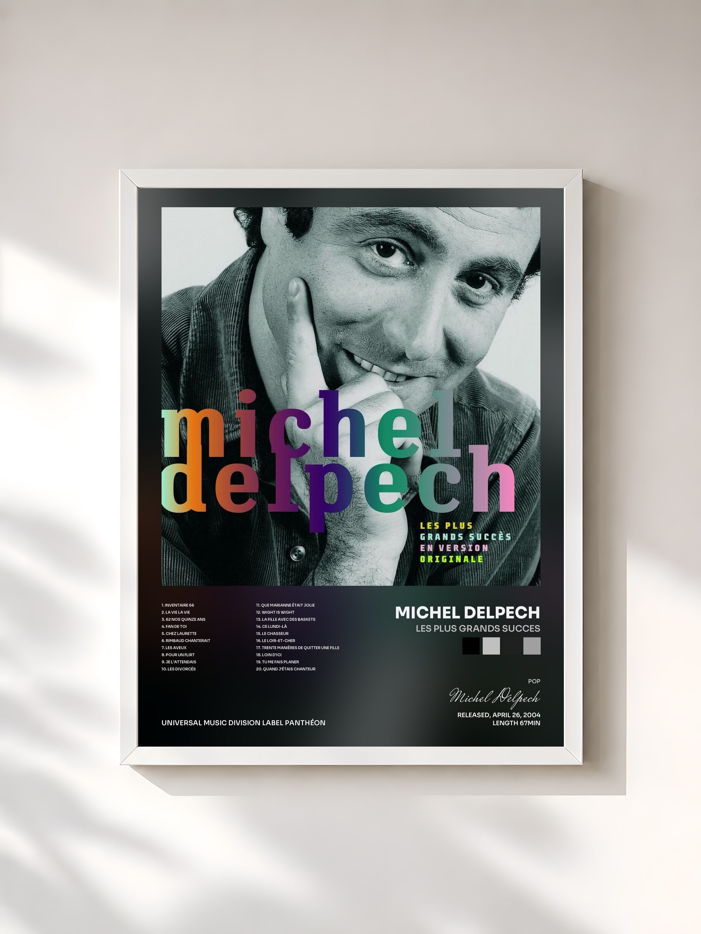 #blanc Tableau de l'album Les Plus Grands Succes de Michel Delpech, cadre blanc, imprimé et encadré en France