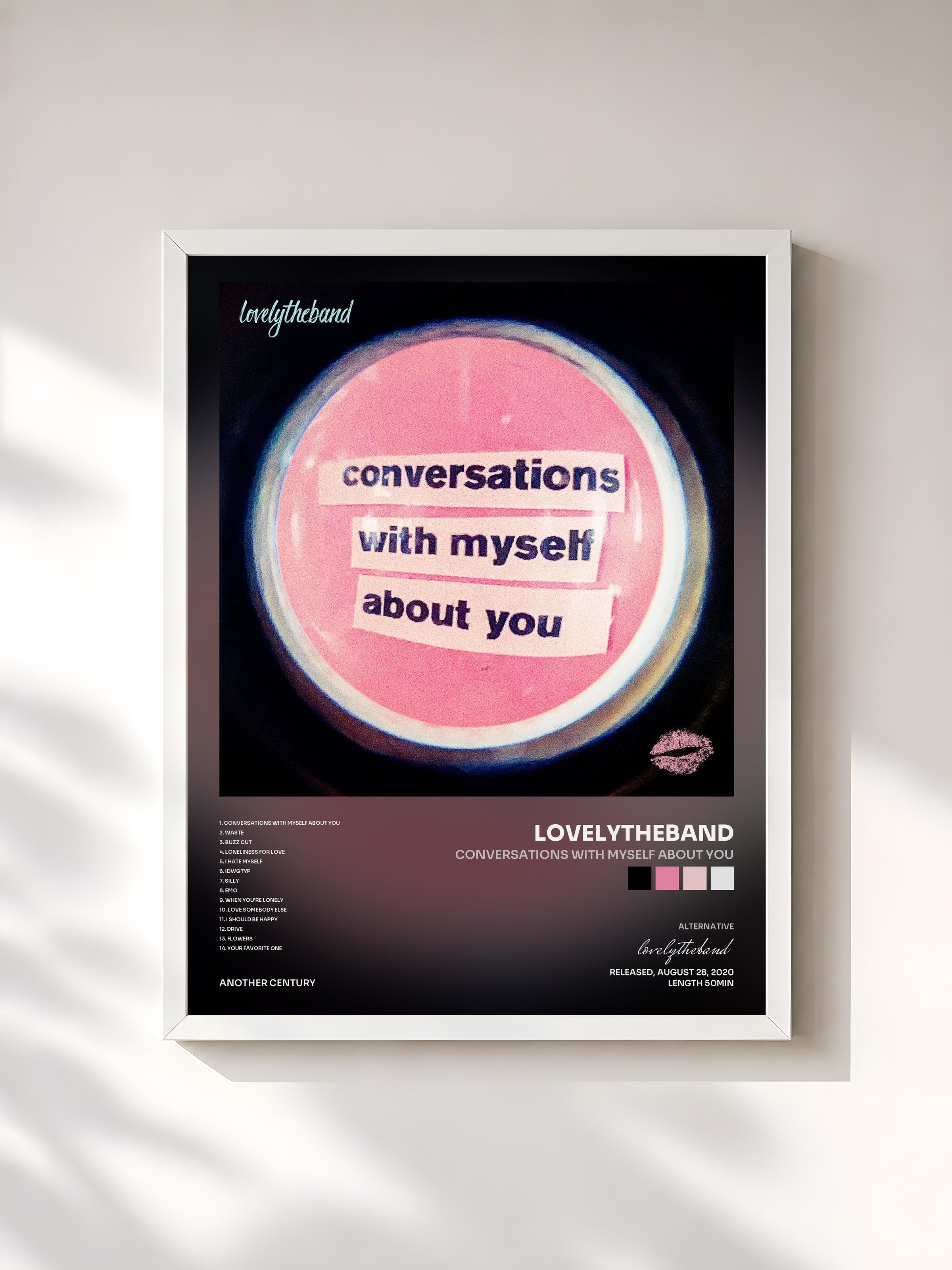 #blanc Tableau de l'album conversations with myself about you de lovelytheband, cadre blanc, imprimé et encadré en France