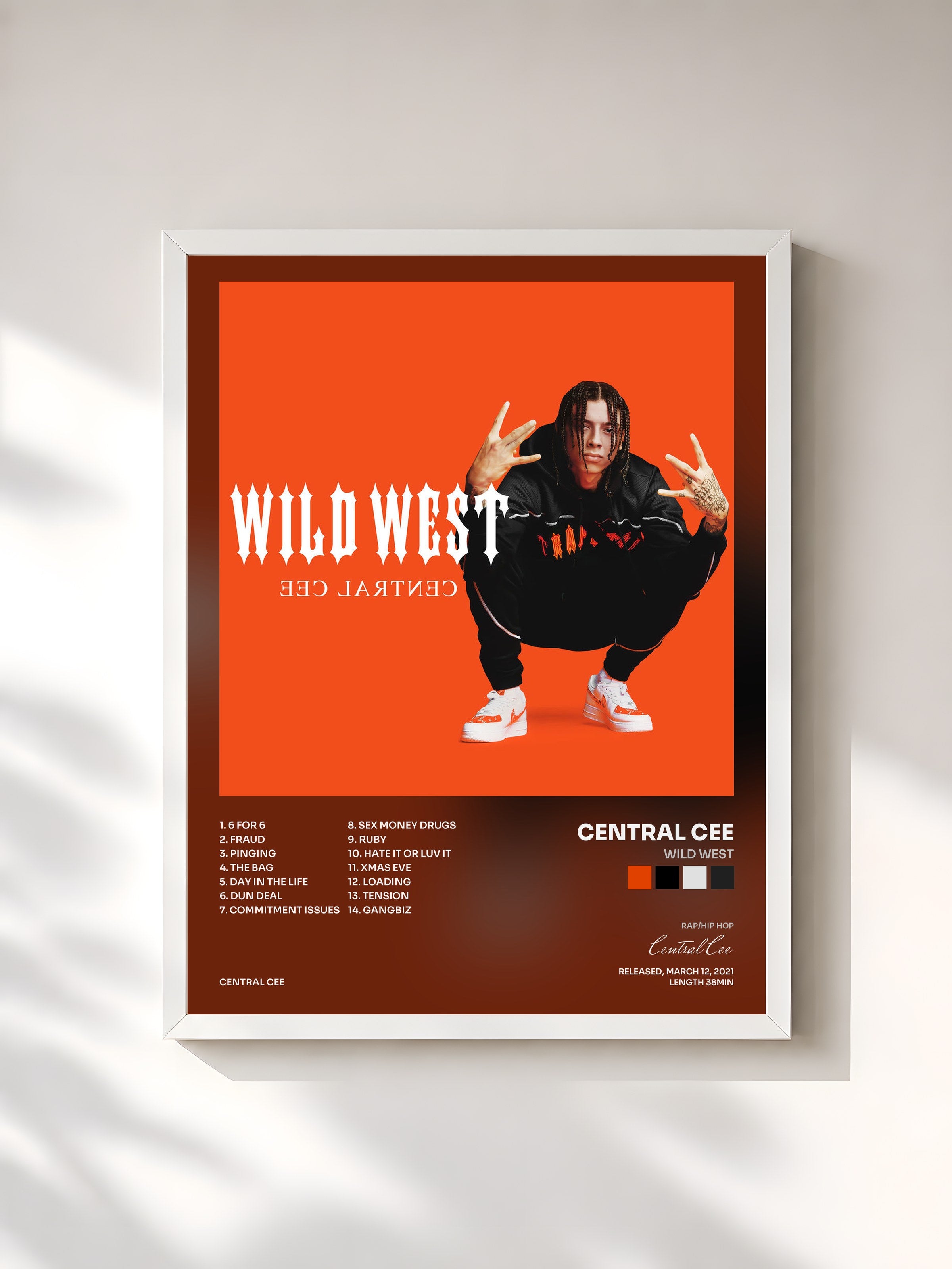 #blanc Tableau de l'album Wild West de Central Cee, cadre blanc, imprimé et encadré en France