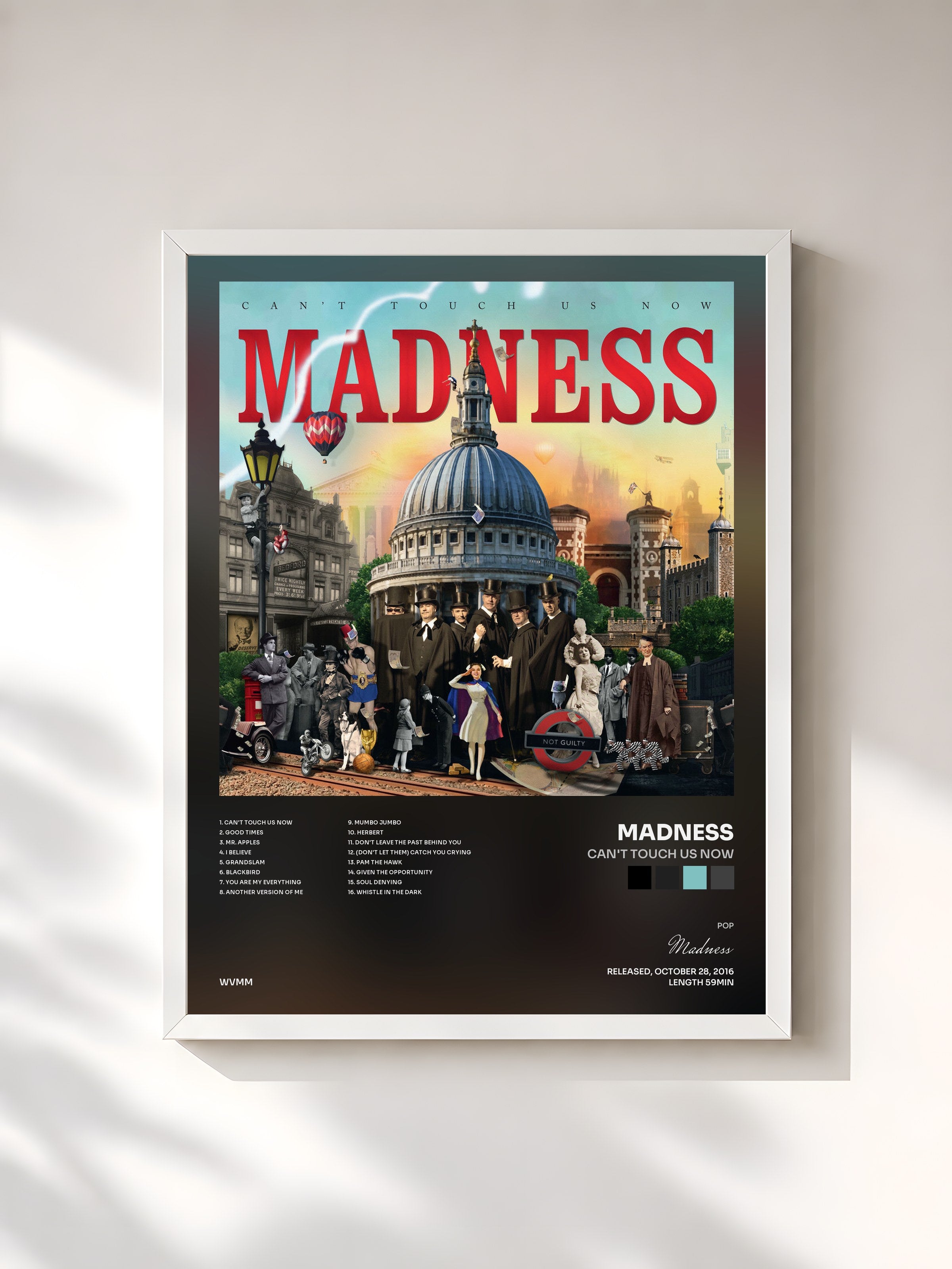 #blanc Tableau de l'album Can't Touch Us Now de Madness, cadre blanc, imprimé et encadré en France