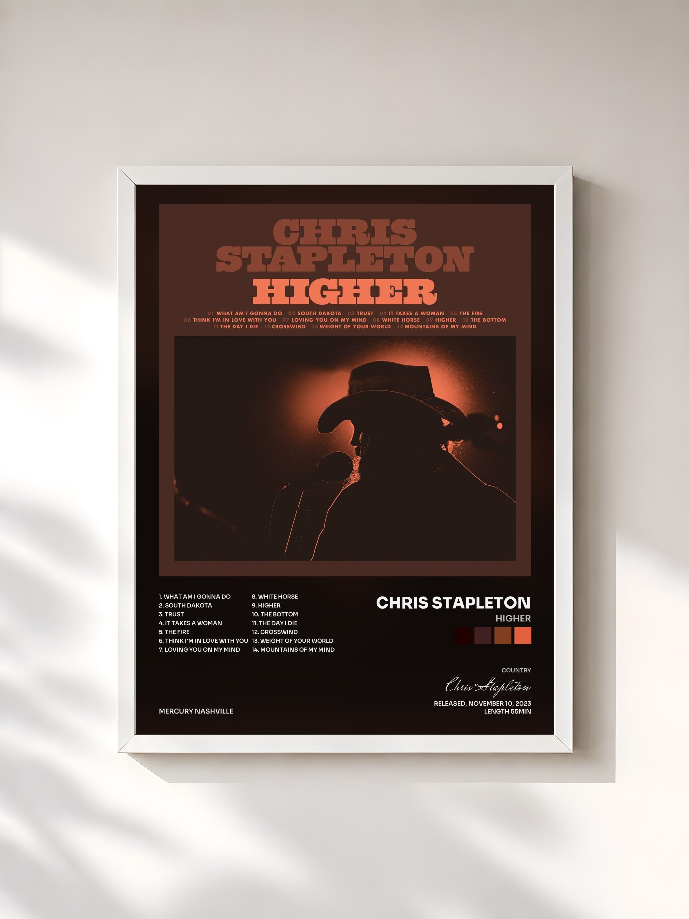#blanc Tableau de l'album Higher de Chris Stapleton, cadre blanc, imprimé et encadré en France