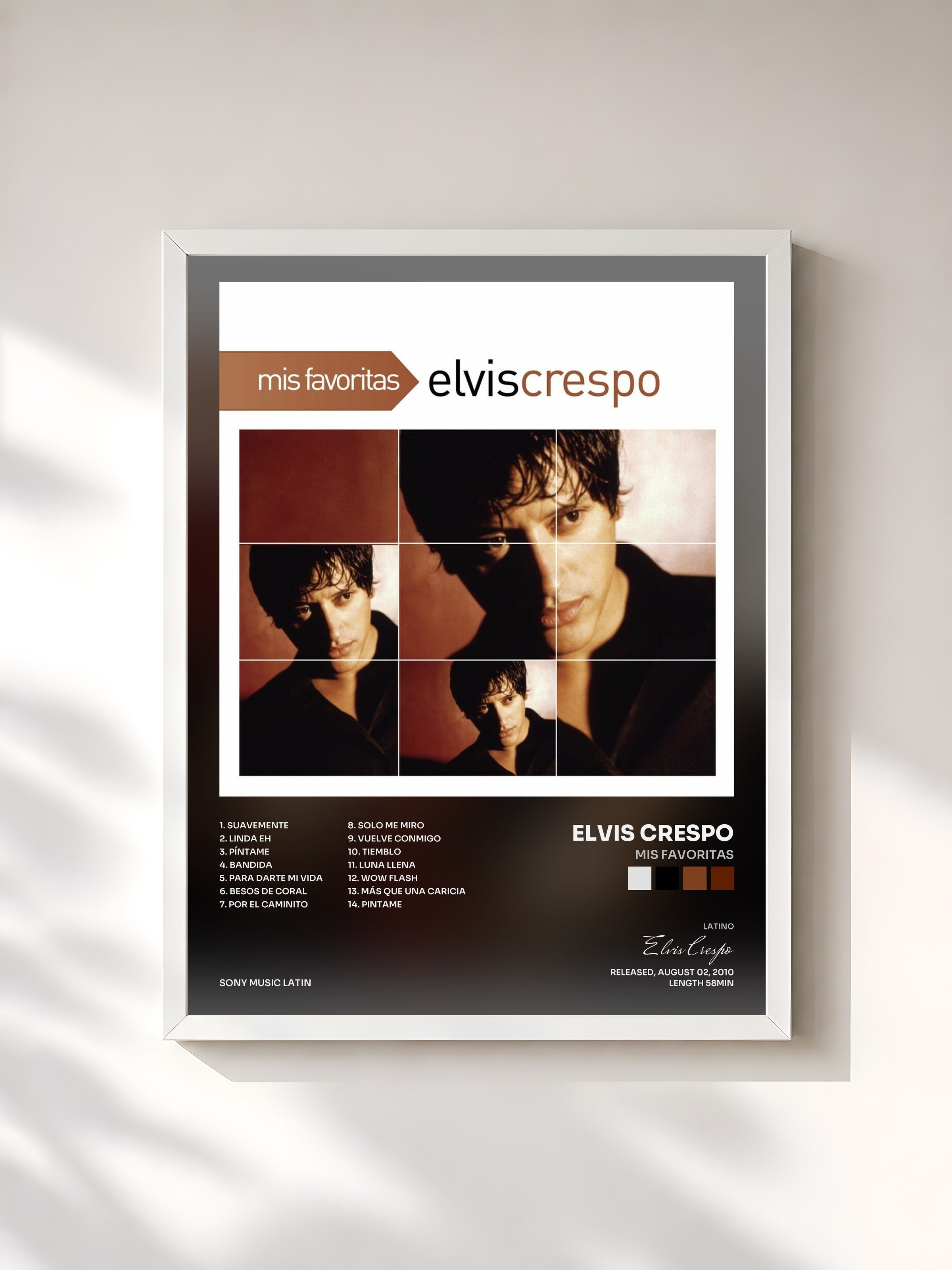 #blanc Tableau de l'album Mis Favoritas de Elvis Crespo, cadre blanc, imprimé et encadré en France