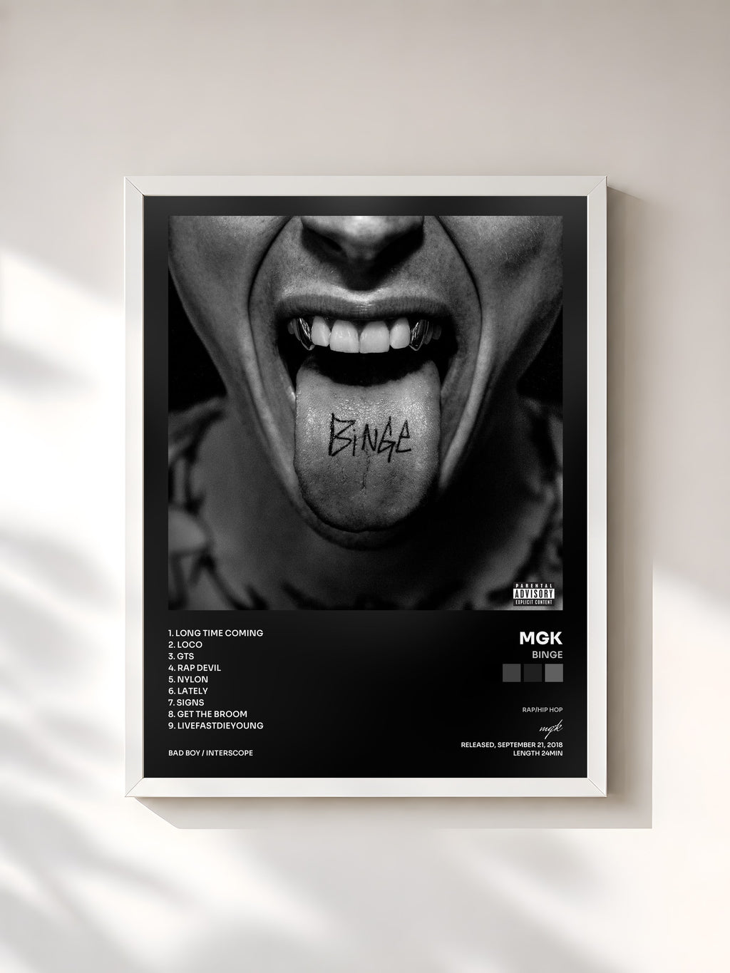 #blanc Tableau de l'album BINGE de mgk, cadre blanc, imprimé et encadré en France
