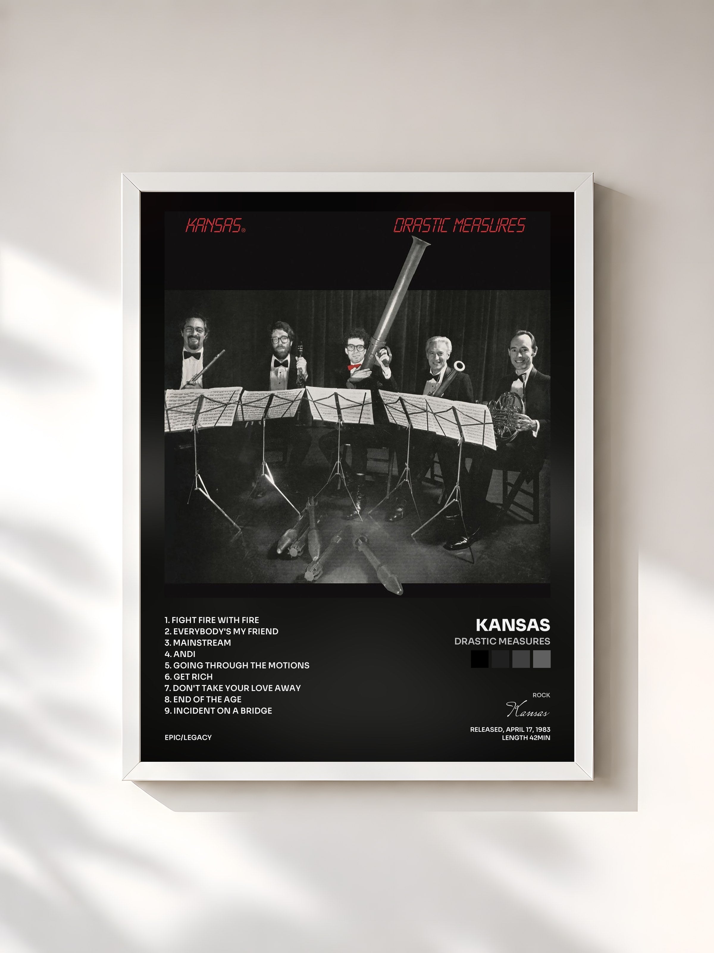 #blanc Tableau de l'album Drastic Measures de Kansas, cadre blanc, imprimé et encadré en France