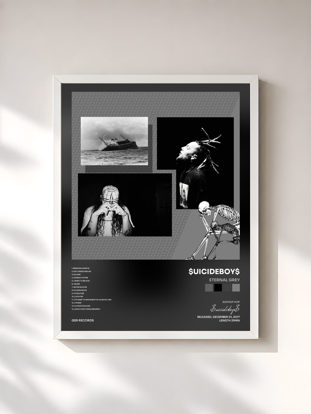 #blanc Tableau de l'album Eternal Grey de $uicideboy$, cadre blanc, imprimé et encadré en France