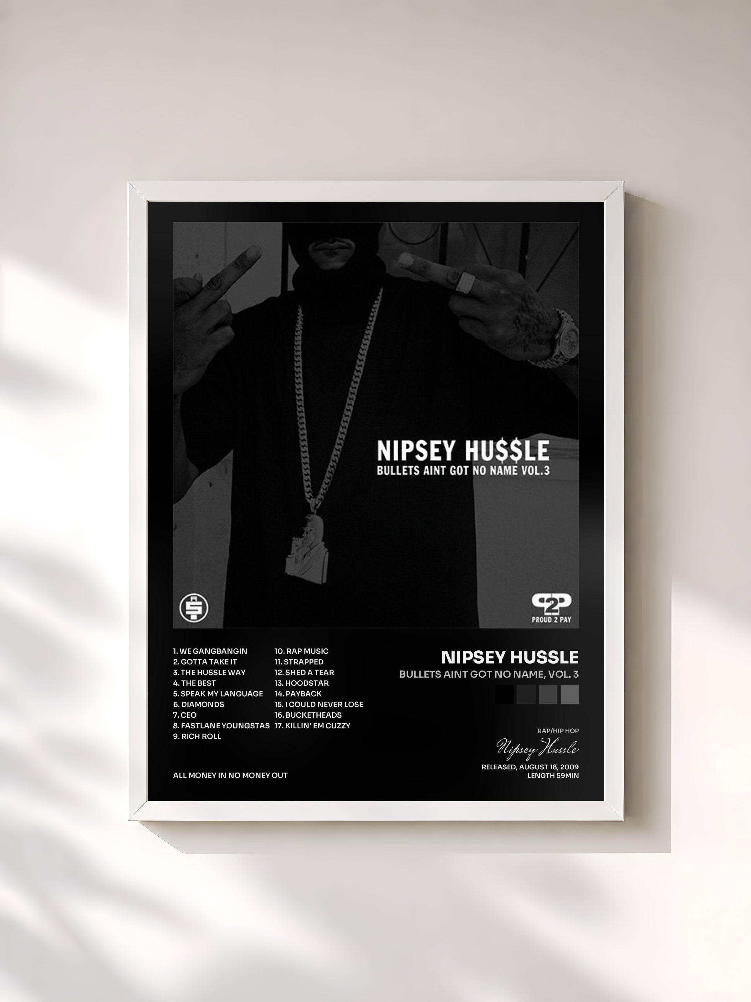 #blanc Tableau de l'album Bullets Aint Got No Name, Vol. 3 de Nipsey Hussle, cadre blanc, imprimé et encadré en France