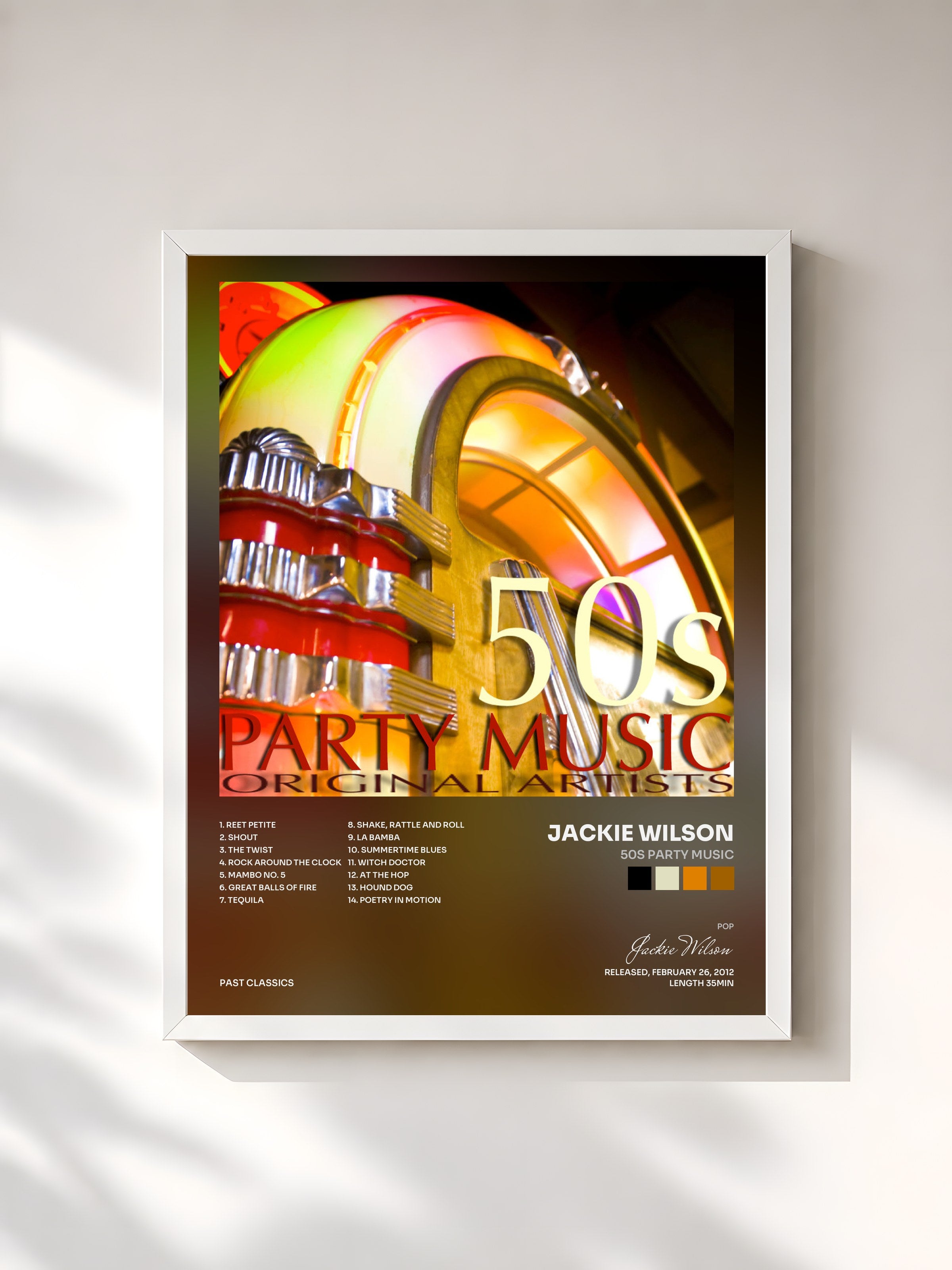 #blanc Tableau de l'album 50s Party Music de Jackie Wilson, cadre blanc, imprimé et encadré en France