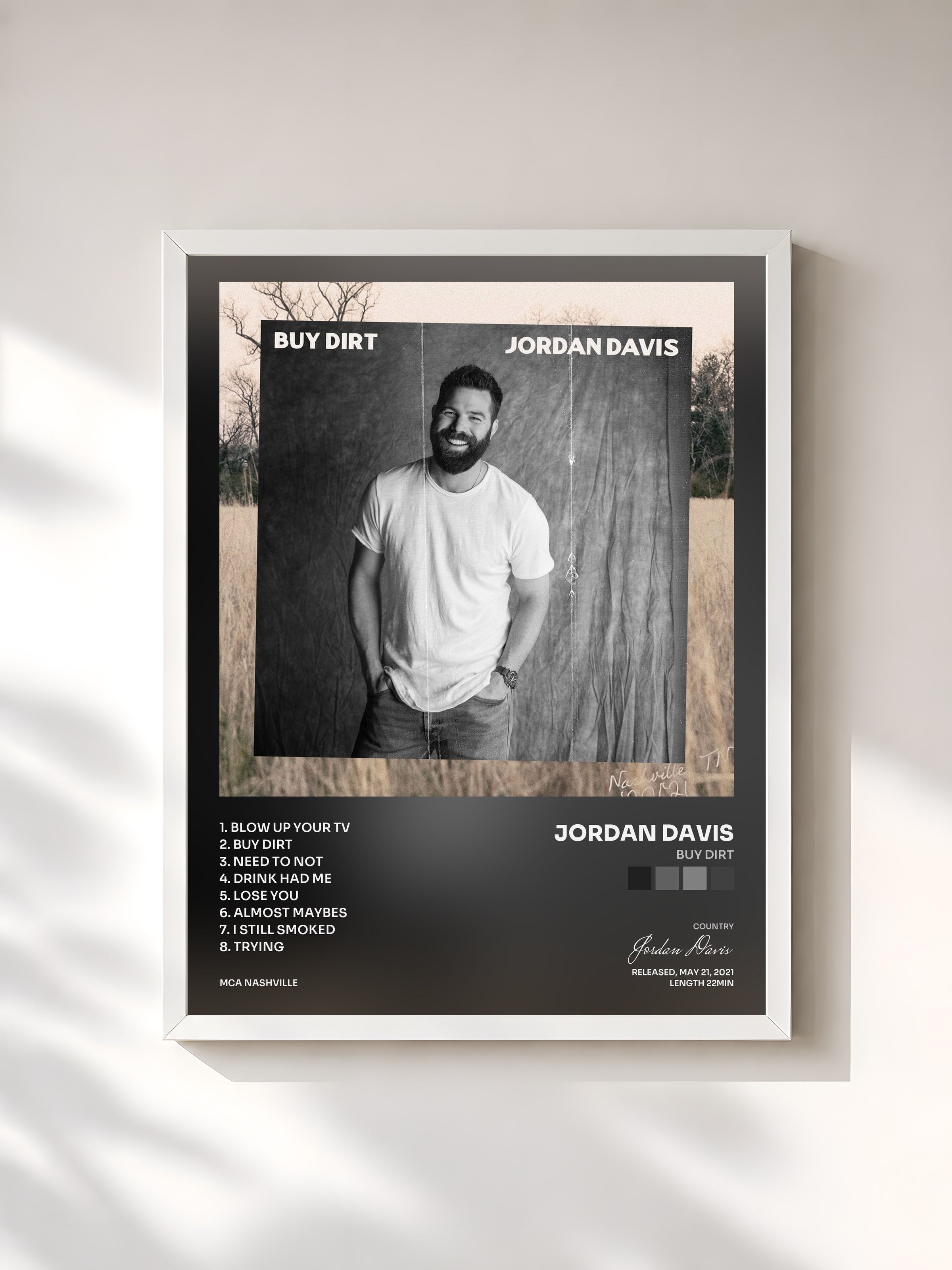 #blanc Tableau de l'album Buy Dirt de Jordan Davis, cadre blanc, imprimé et encadré en France