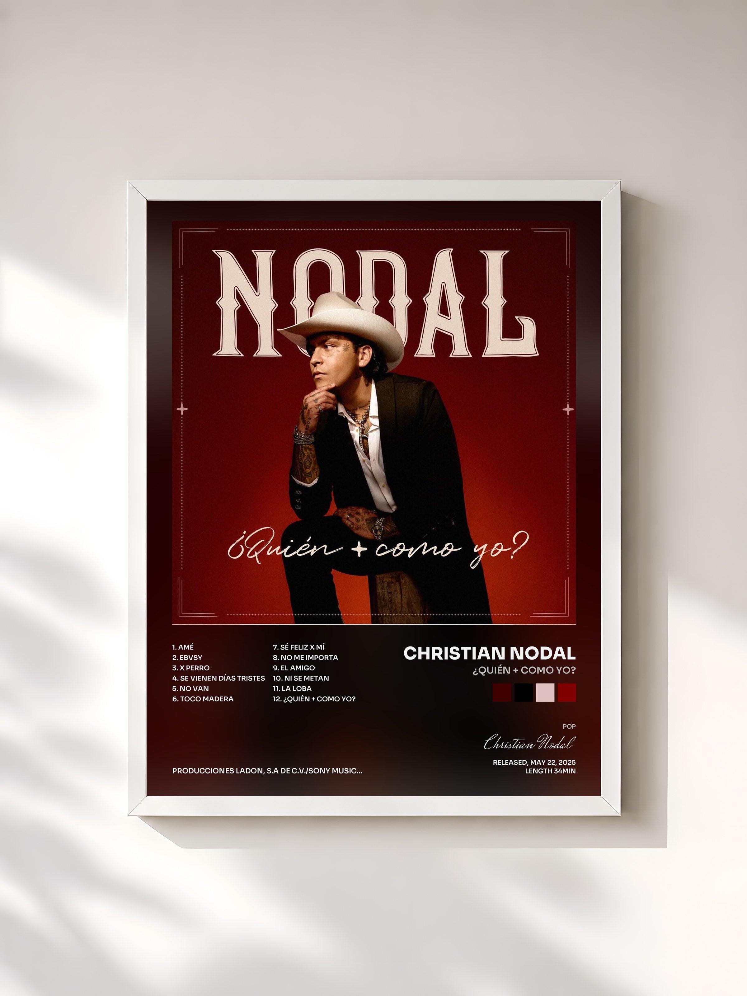 #blanc Tableau de l'album ¿Quién + Como Yo? de Christian Nodal, cadre blanc, imprimé et encadré en France