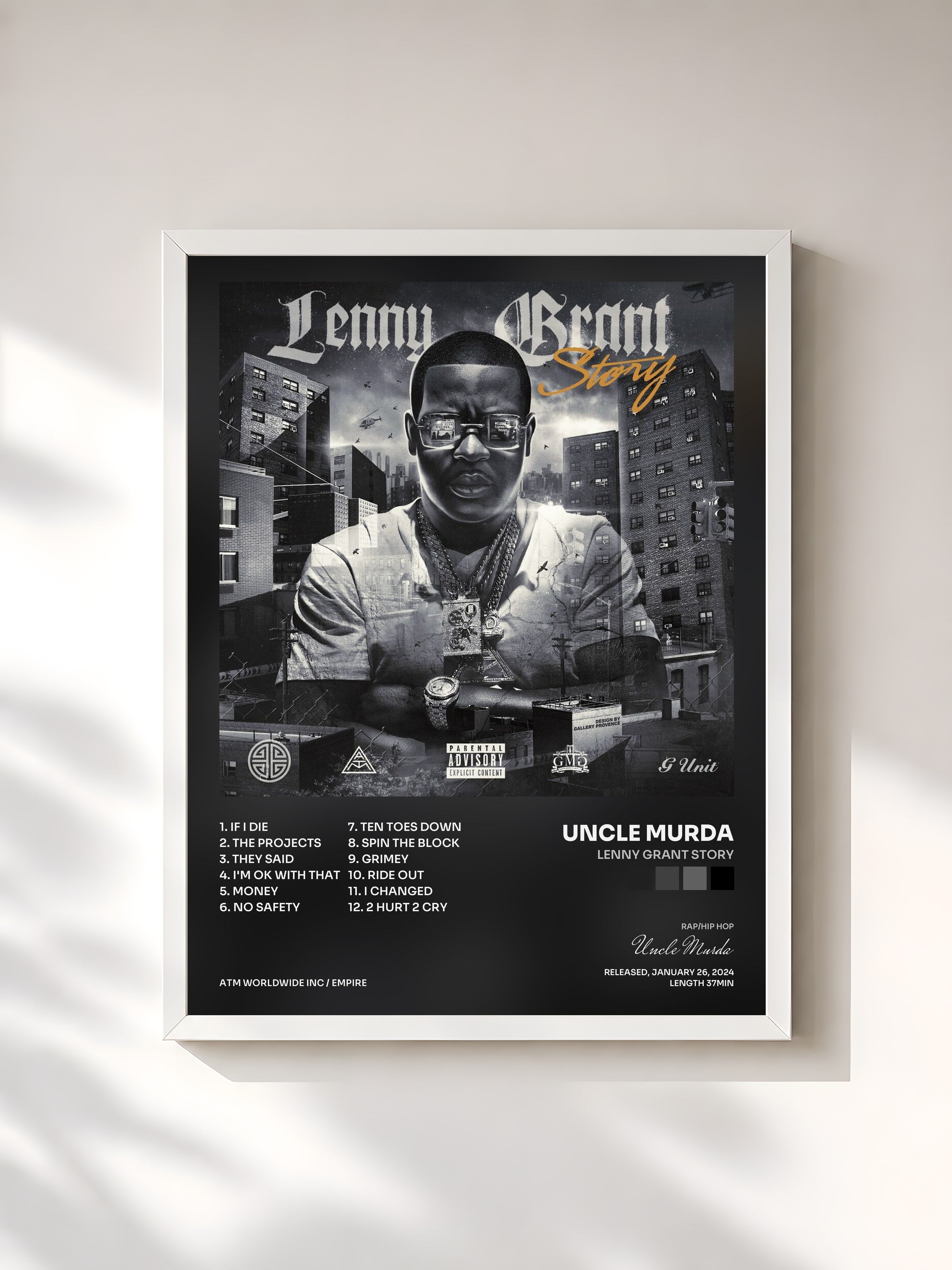 #blanc Tableau de l'album Lenny Grant Story de Uncle Murda, cadre blanc, imprimé et encadré en France