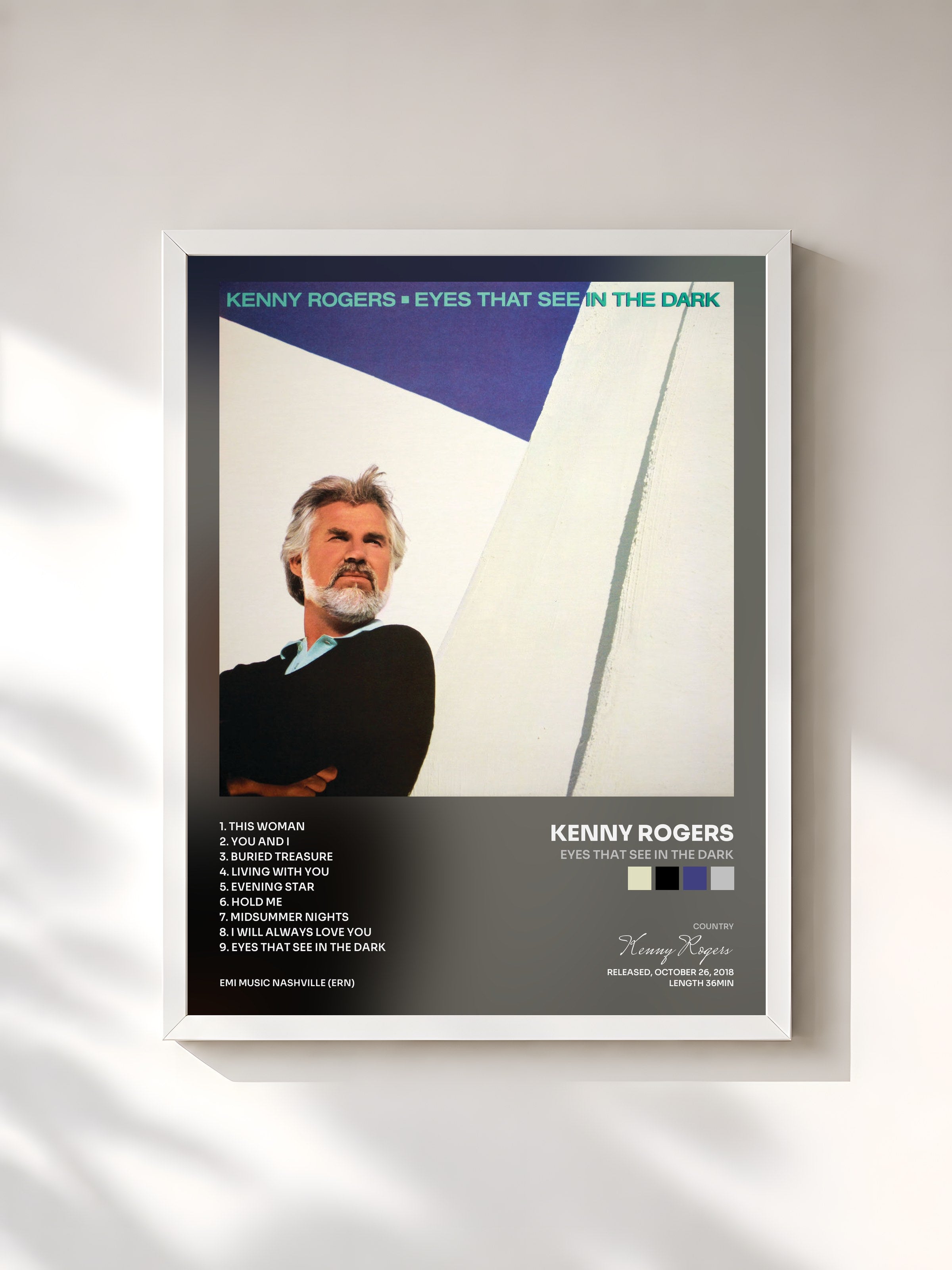 #blanc Tableau de l'album Eyes That See In The Dark de Kenny Rogers, cadre blanc, imprimé et encadré en France