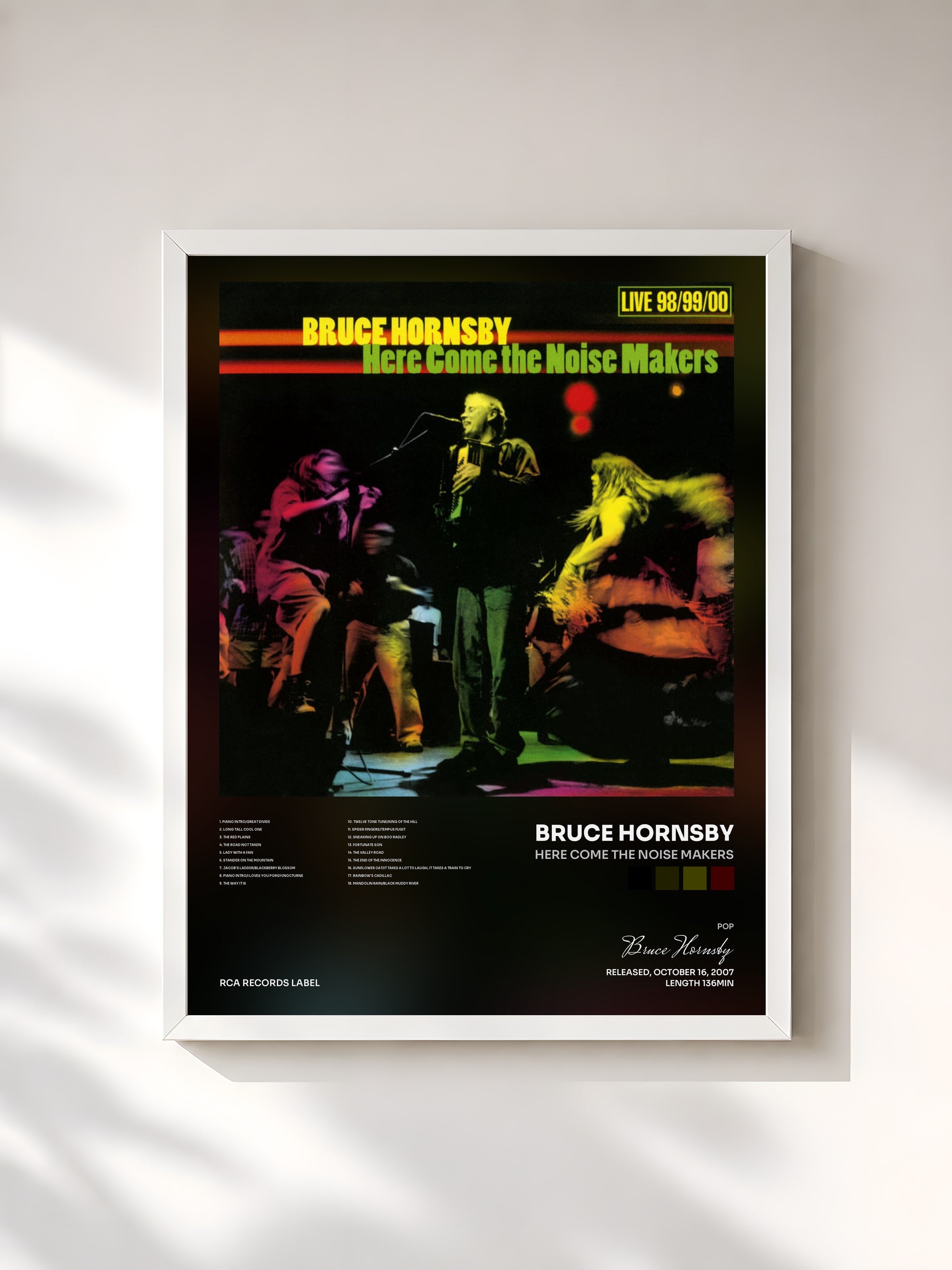 #blanc Tableau de l'album Here Come the Noise Makers de Bruce Hornsby, cadre blanc, imprimé et encadré en France