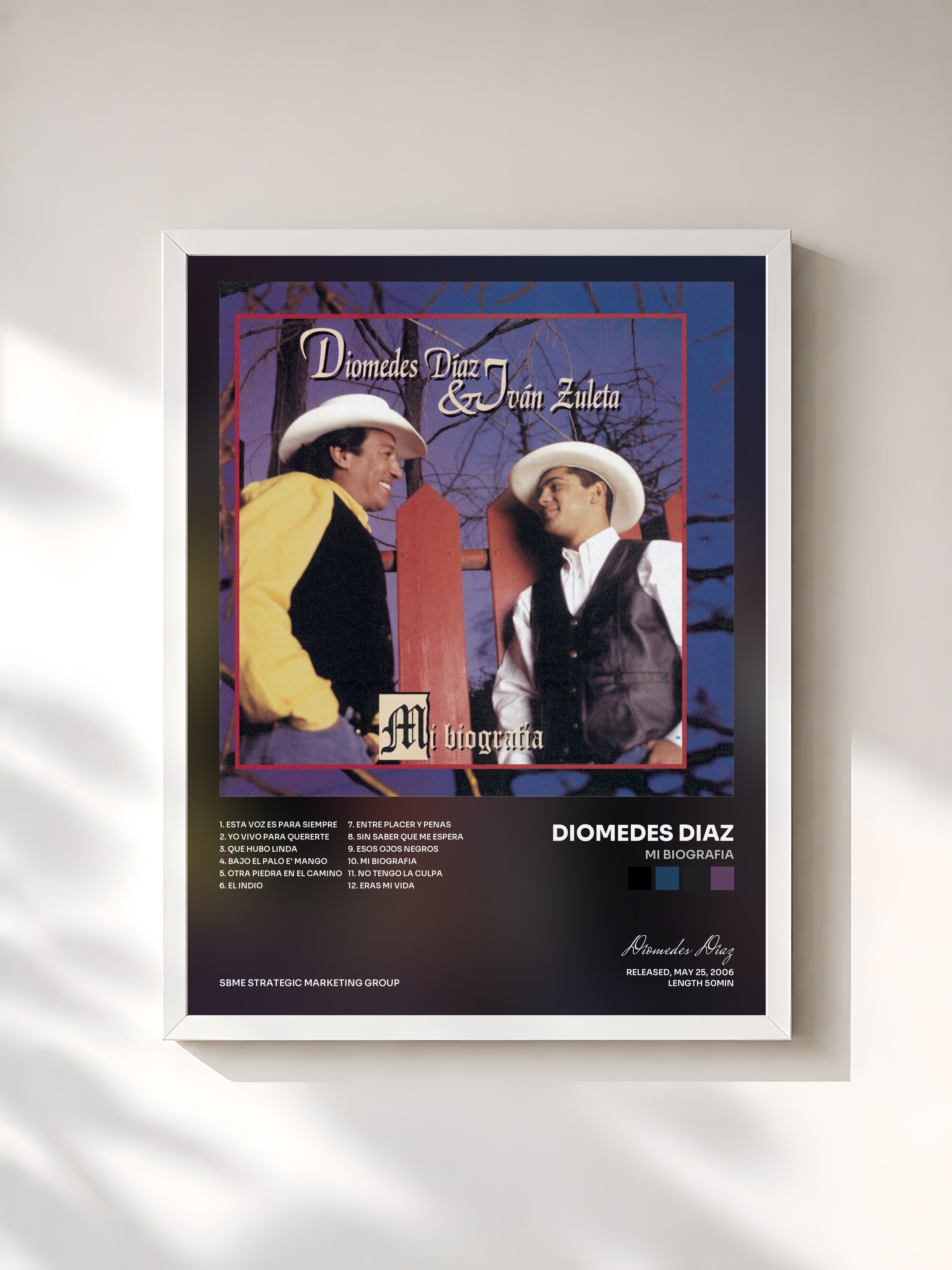 #blanc Tableau de l'album Mi Biografia de Diomedes Diaz, cadre blanc, imprimé et encadré en France