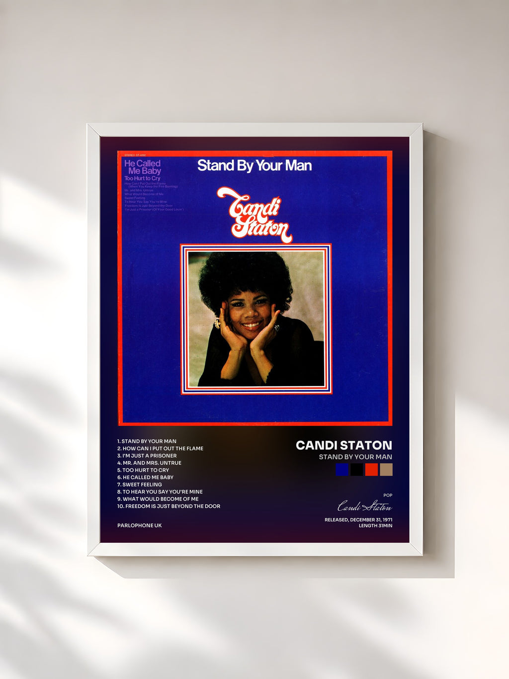 #blanc Tableau de l'album Stand By Your Man de Candi Staton, cadre blanc, imprimé et encadré en France