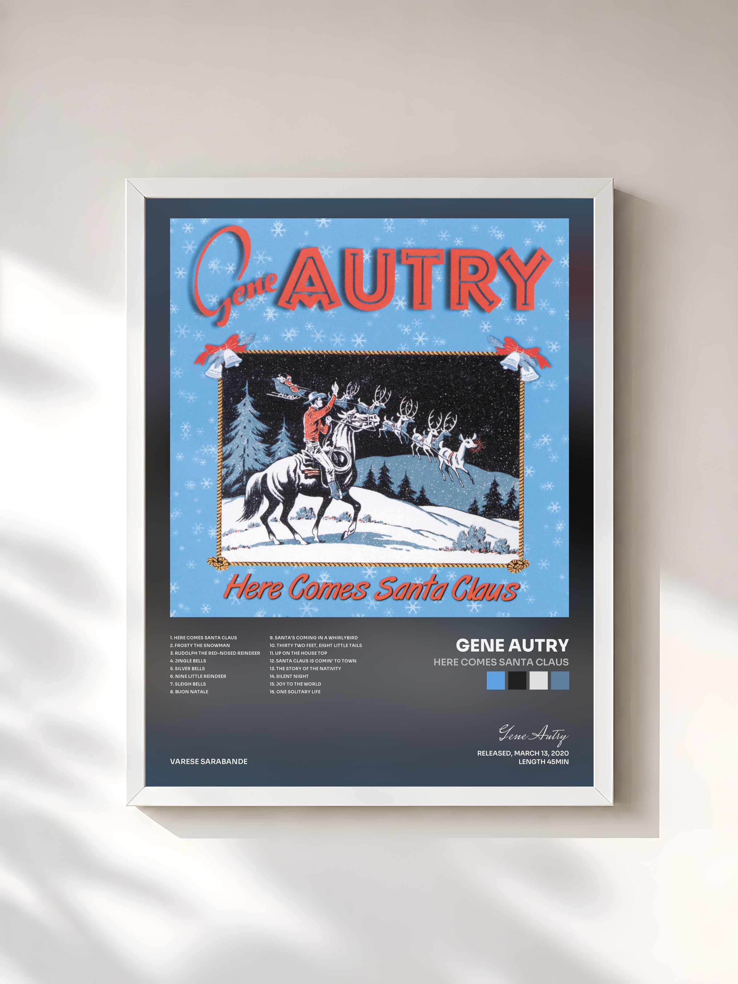#blanc Tableau de l'album Here Comes Santa Claus de Gene Autry, cadre blanc, imprimé et encadré en France