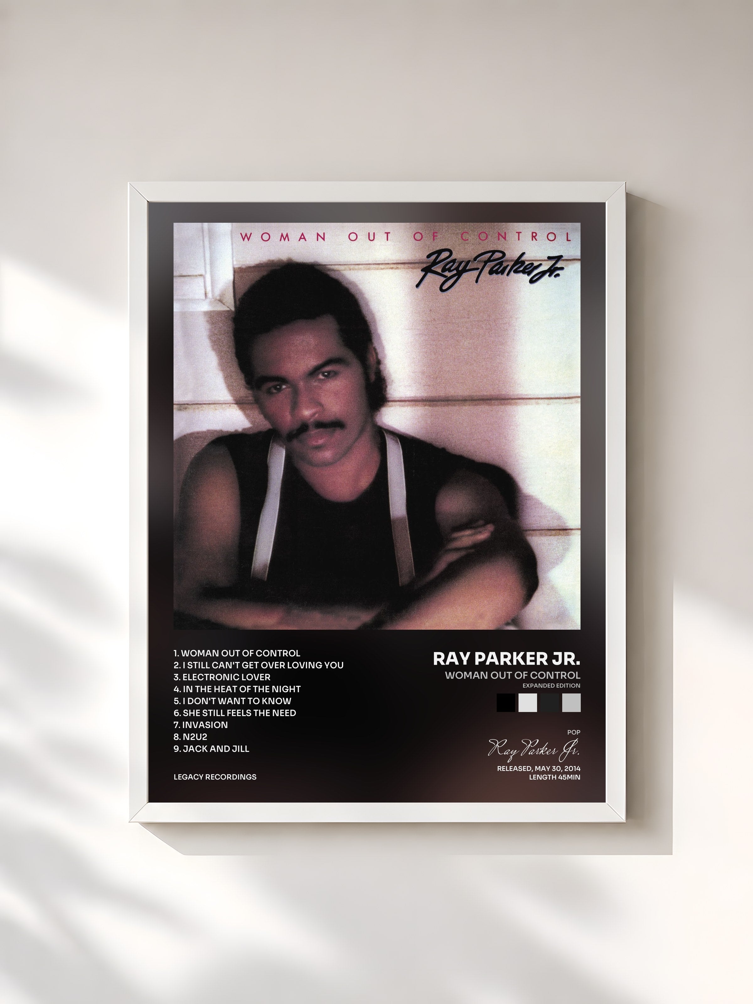 #blanc Tableau de l'album Woman Out of Control (Expanded Edition) de Ray Parker Jr., cadre blanc, imprimé et encadré en France