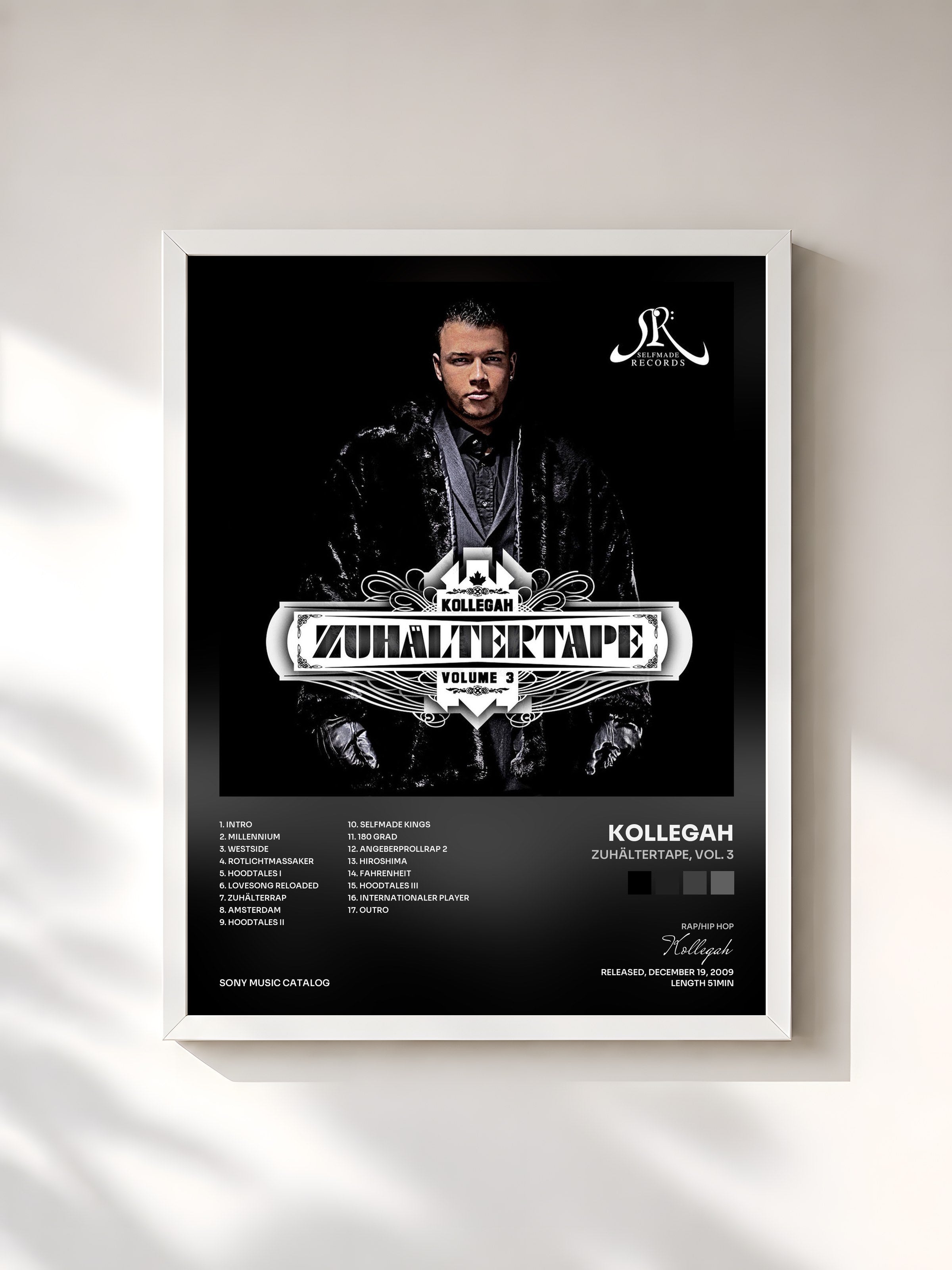 #blanc Tableau de l'album Zuhältertape, Vol. 3 de Kollegah, cadre blanc, imprimé et encadré en France