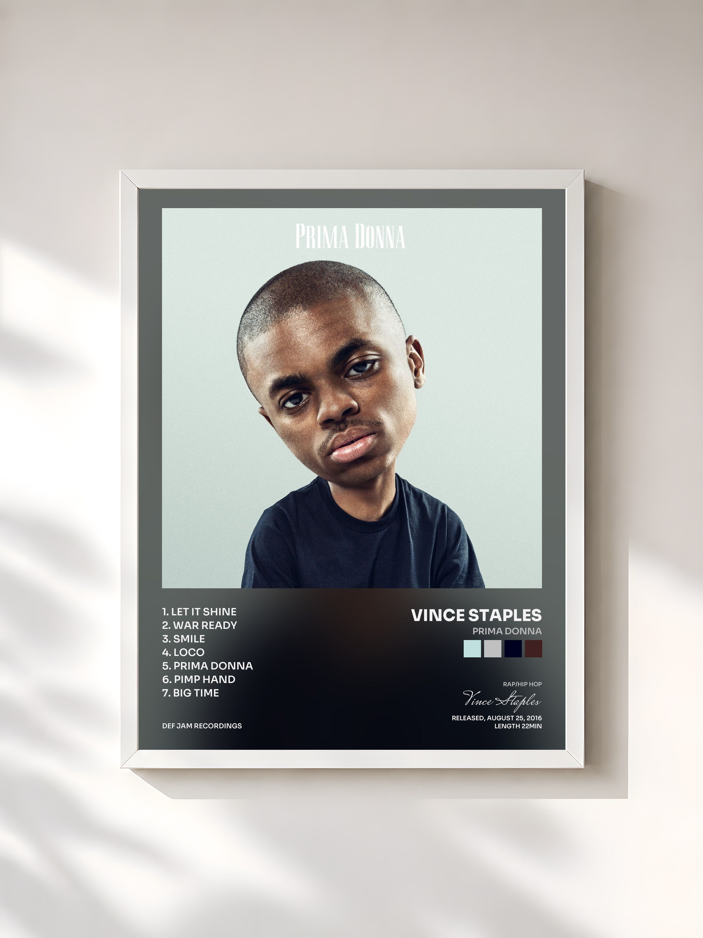 #blanc Tableau de l'album Prima Donna de Vince Staples, cadre blanc, imprimé et encadré en France