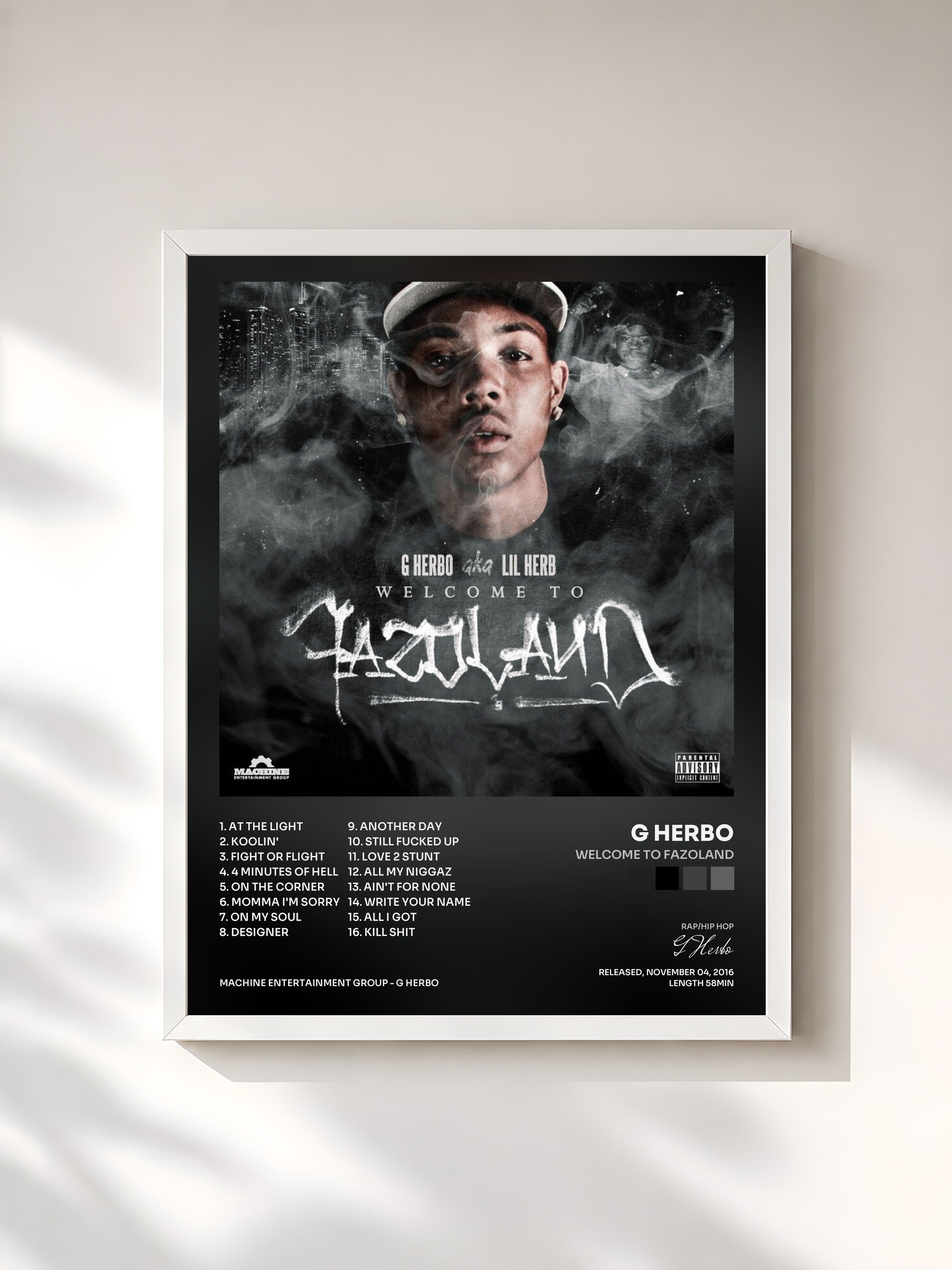 #blanc Tableau de l'album Welcome to Fazoland de G Herbo, cadre blanc, imprimé et encadré en France