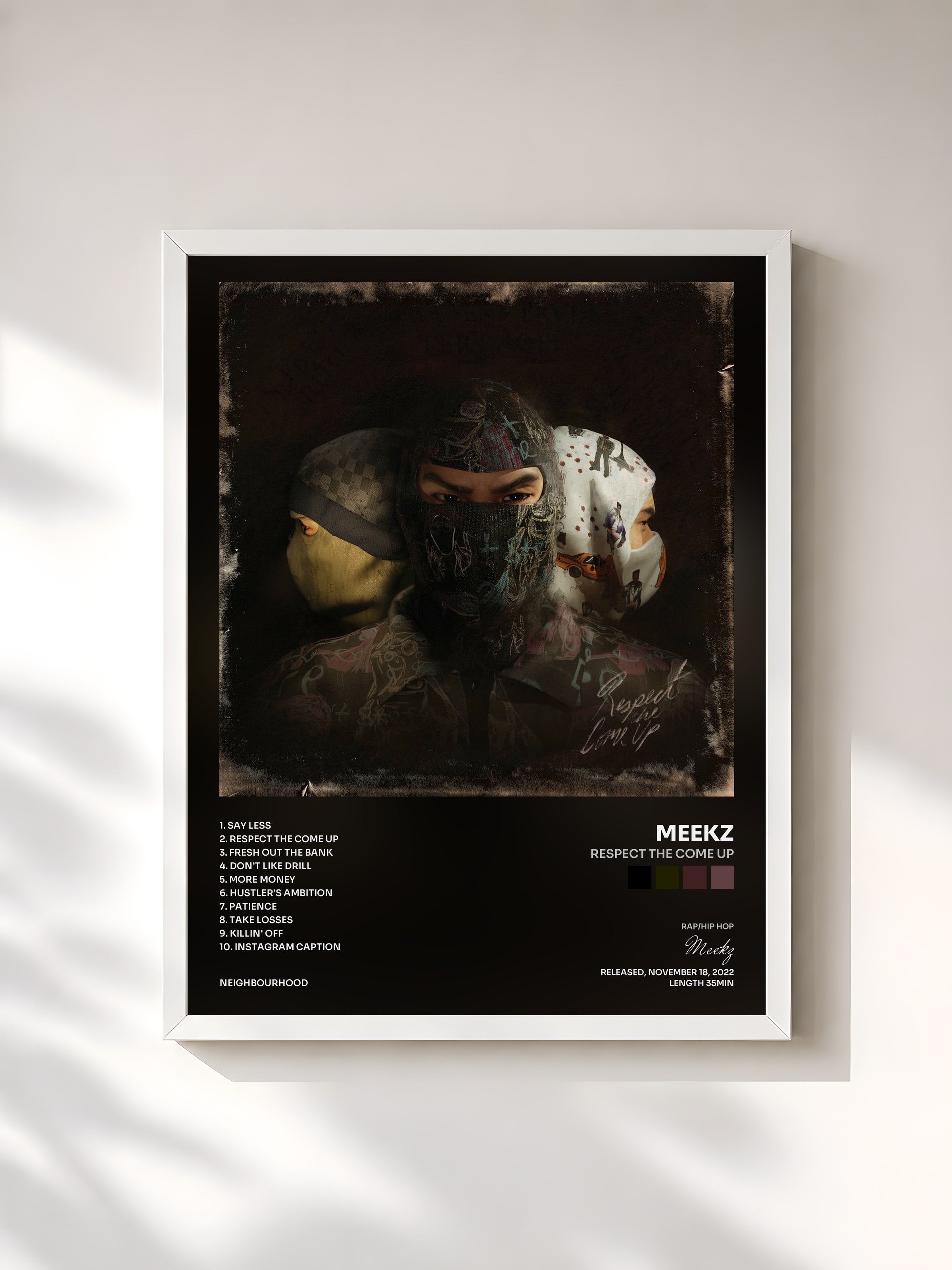 #blanc Tableau de l'album Respect The Come Up de Meekz, cadre blanc, imprimé et encadré en France