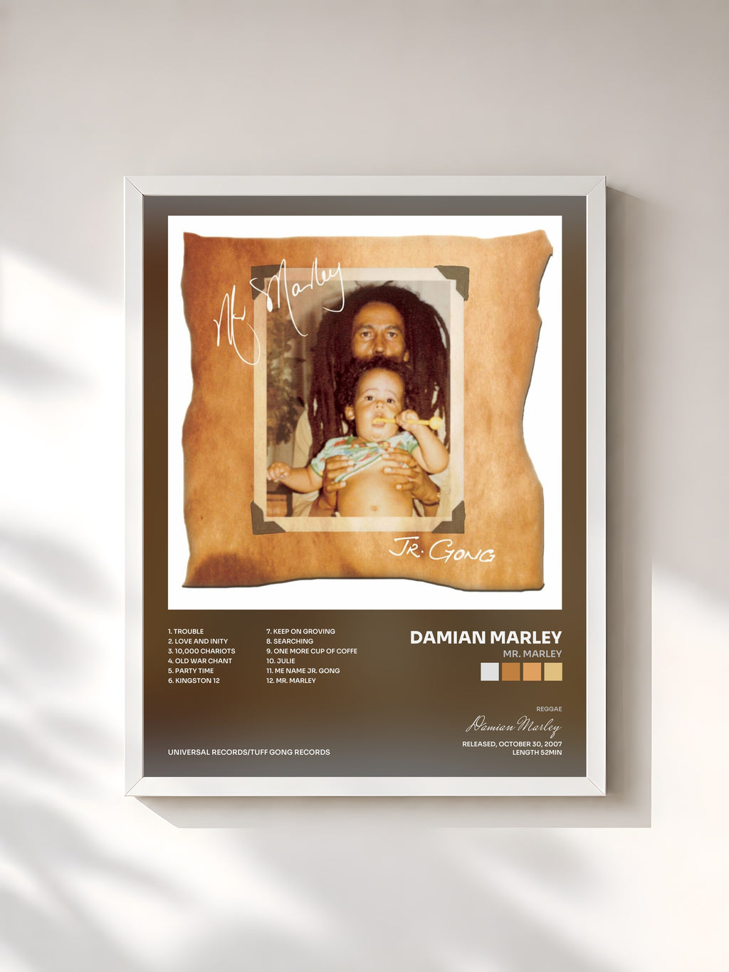 #blanc Tableau de l'album Mr. Marley de Damian Marley, cadre blanc, imprimé et encadré en France