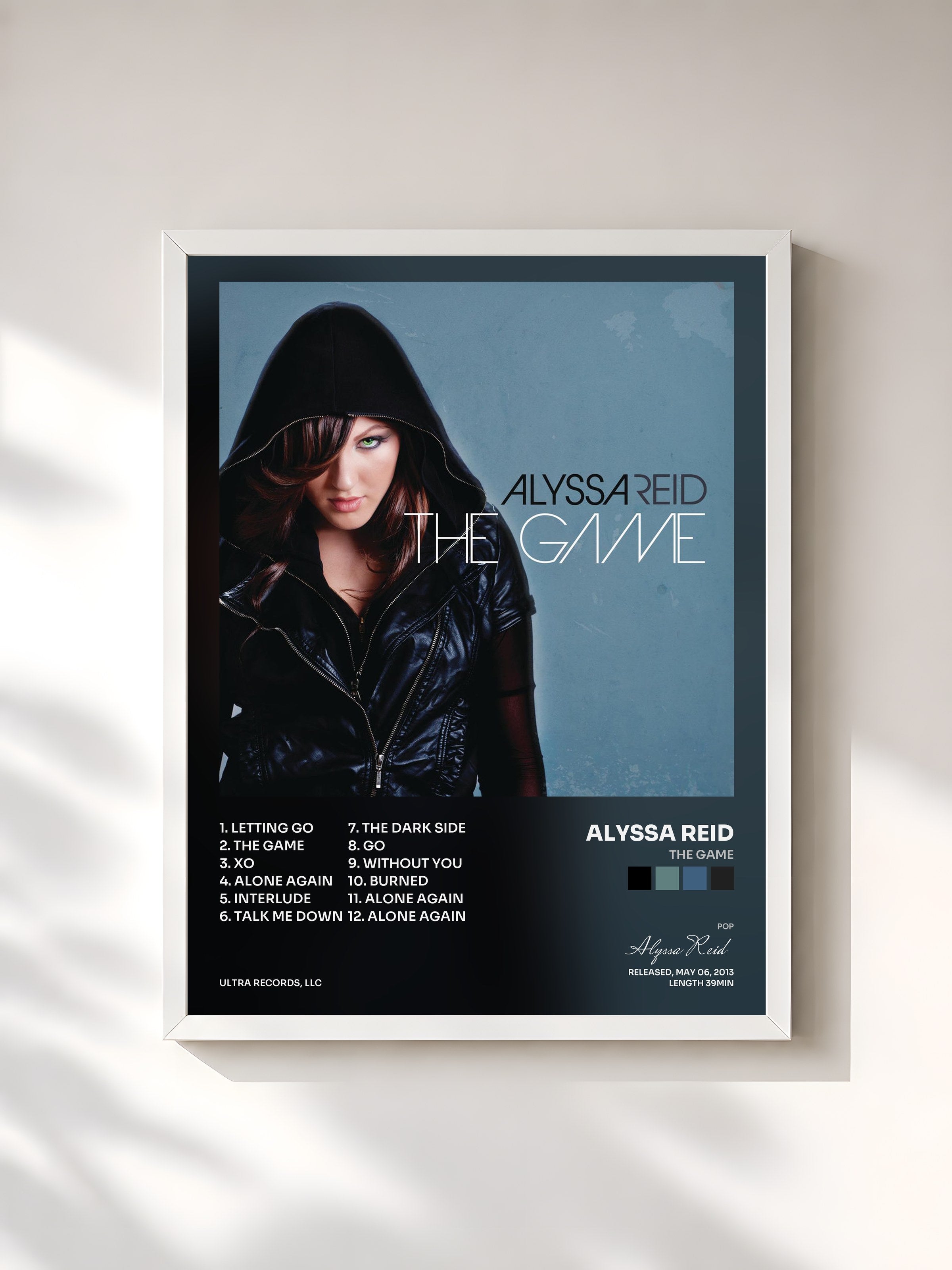 #blanc Tableau de l'album The Game de Alyssa Reid, cadre blanc, imprimé et encadré en France