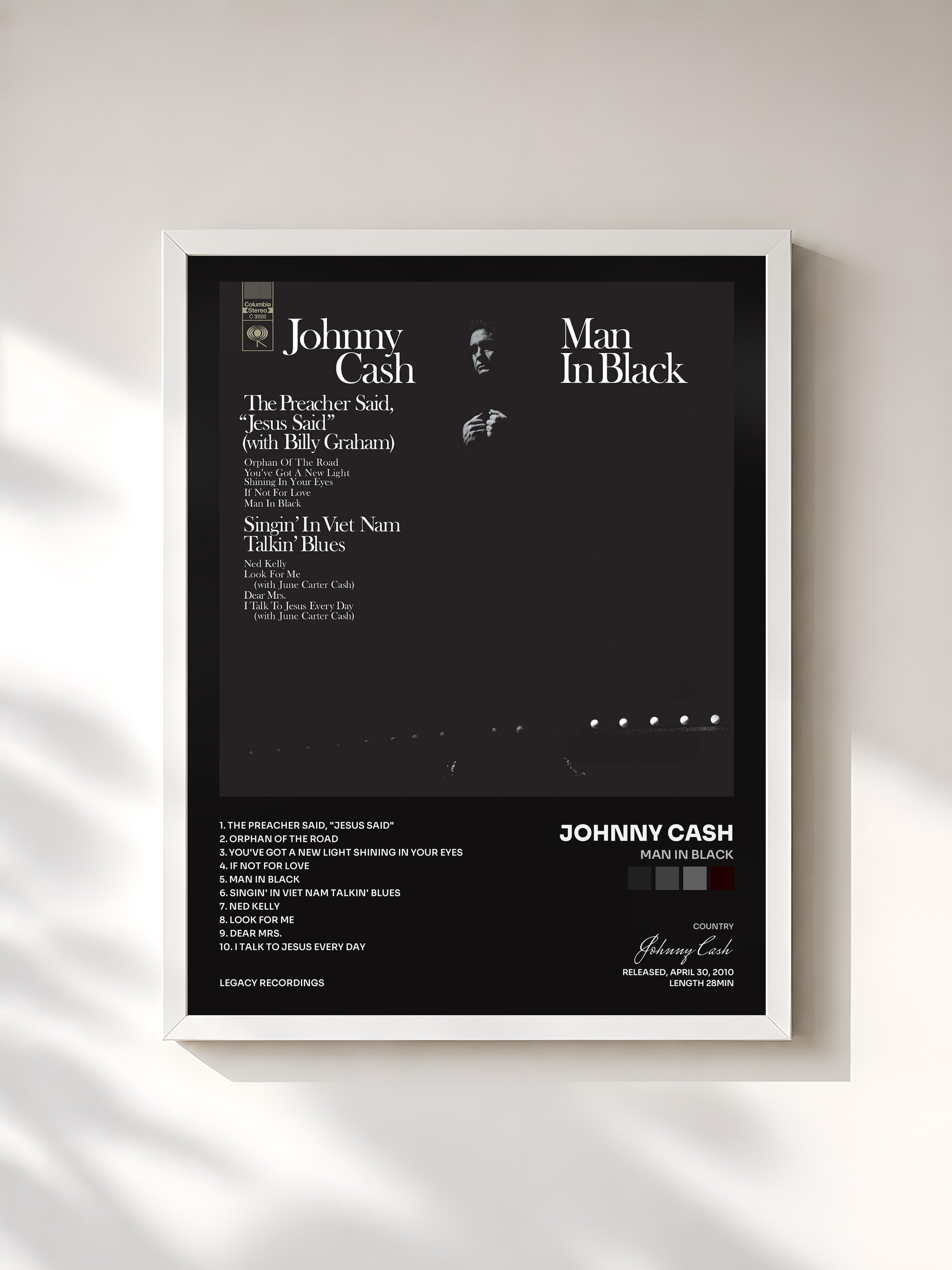 #blanc Tableau de l'album Man In Black de Johnny Cash, cadre blanc, imprimé et encadré en France