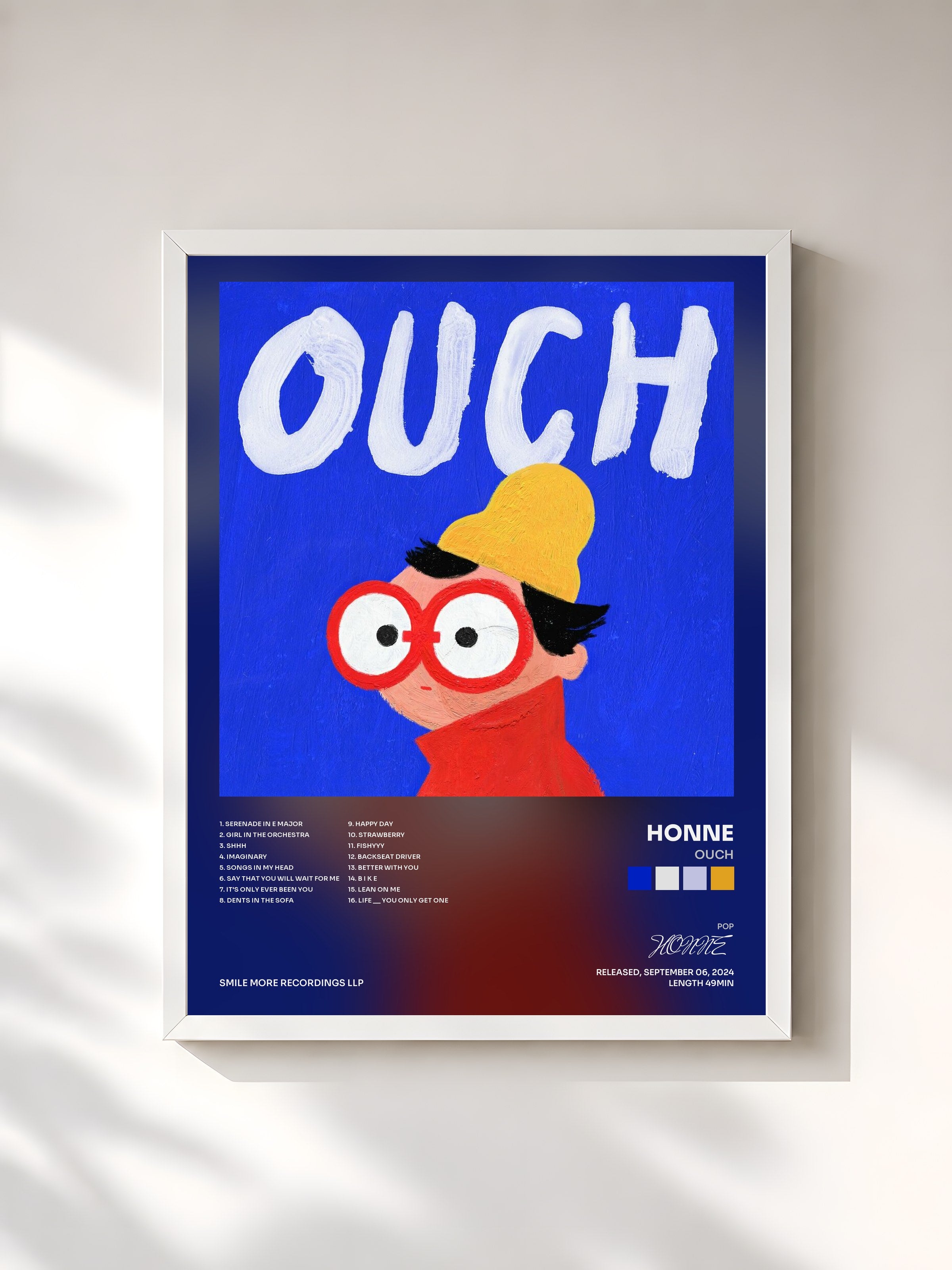 #blanc Tableau de l'album OUCH de HONNE, cadre blanc, imprimé et encadré en France