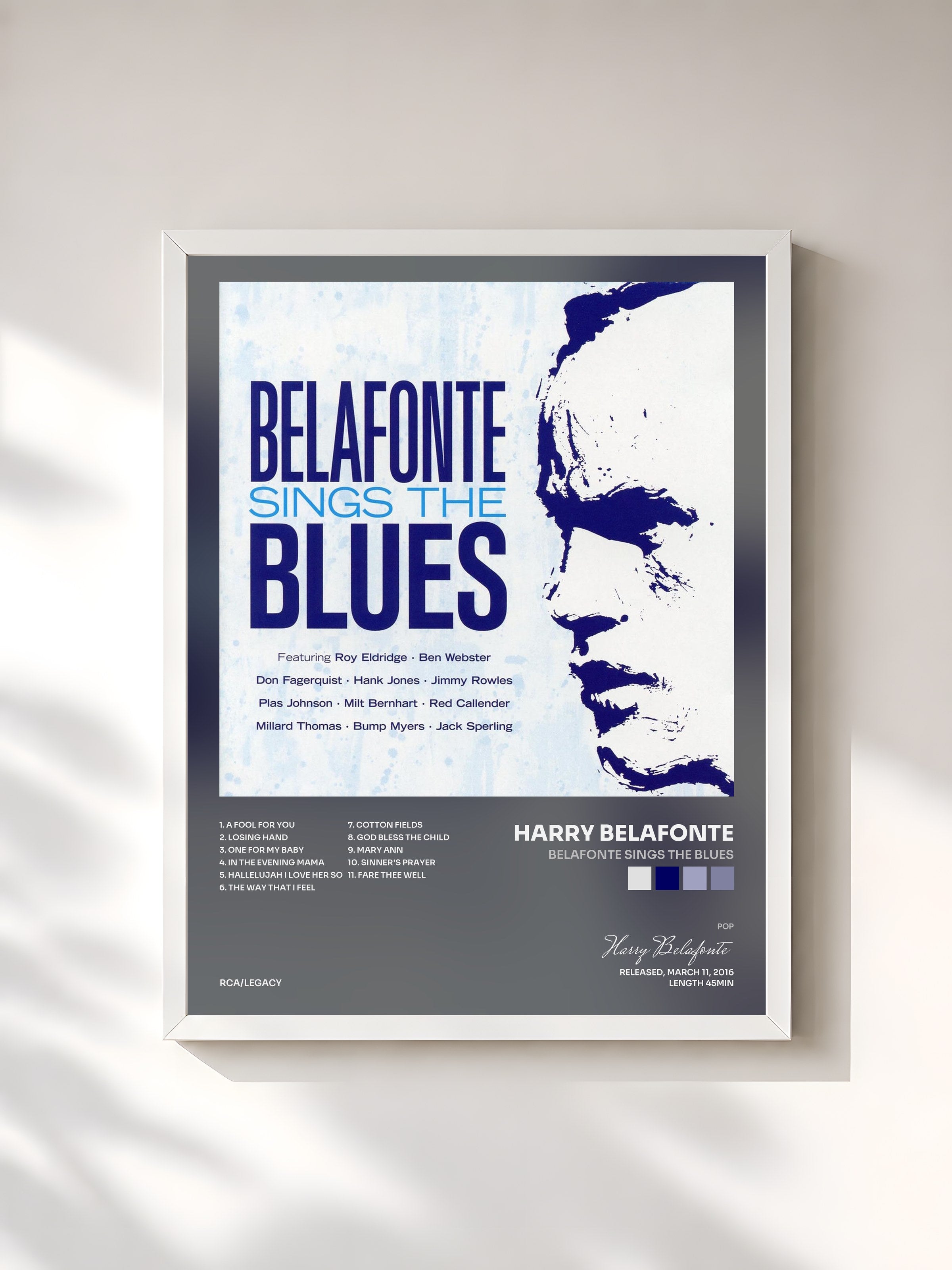 #blanc Tableau de l'album Belafonte Sings the Blues de Harry Belafonte, cadre blanc, imprimé et encadré en France
