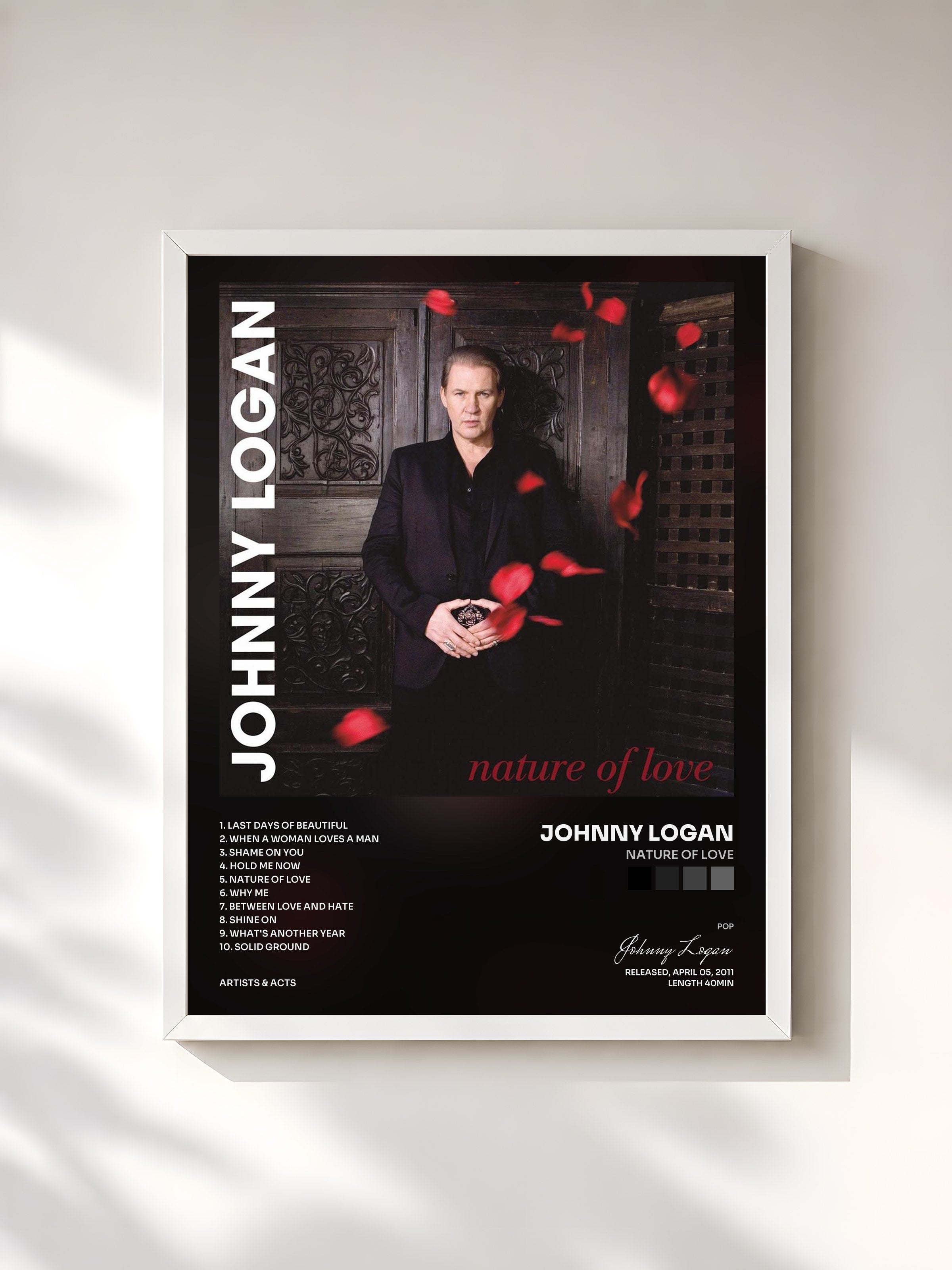 #blanc Tableau de l'album Nature of Love de Johnny Logan, cadre blanc, imprimé et encadré en France