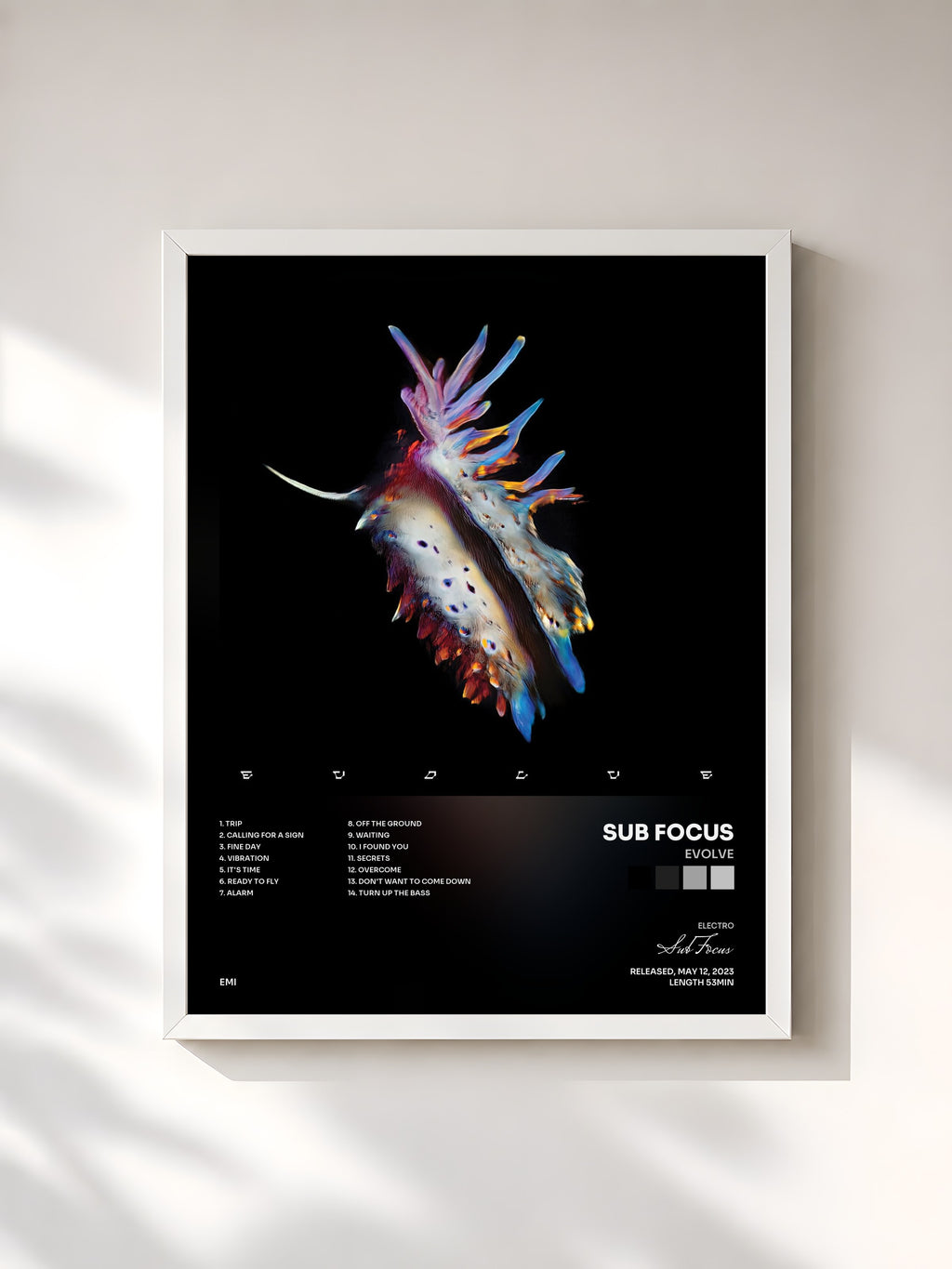 #blanc Tableau de l'album Evolve de Sub Focus, cadre blanc, imprimé et encadré en France
