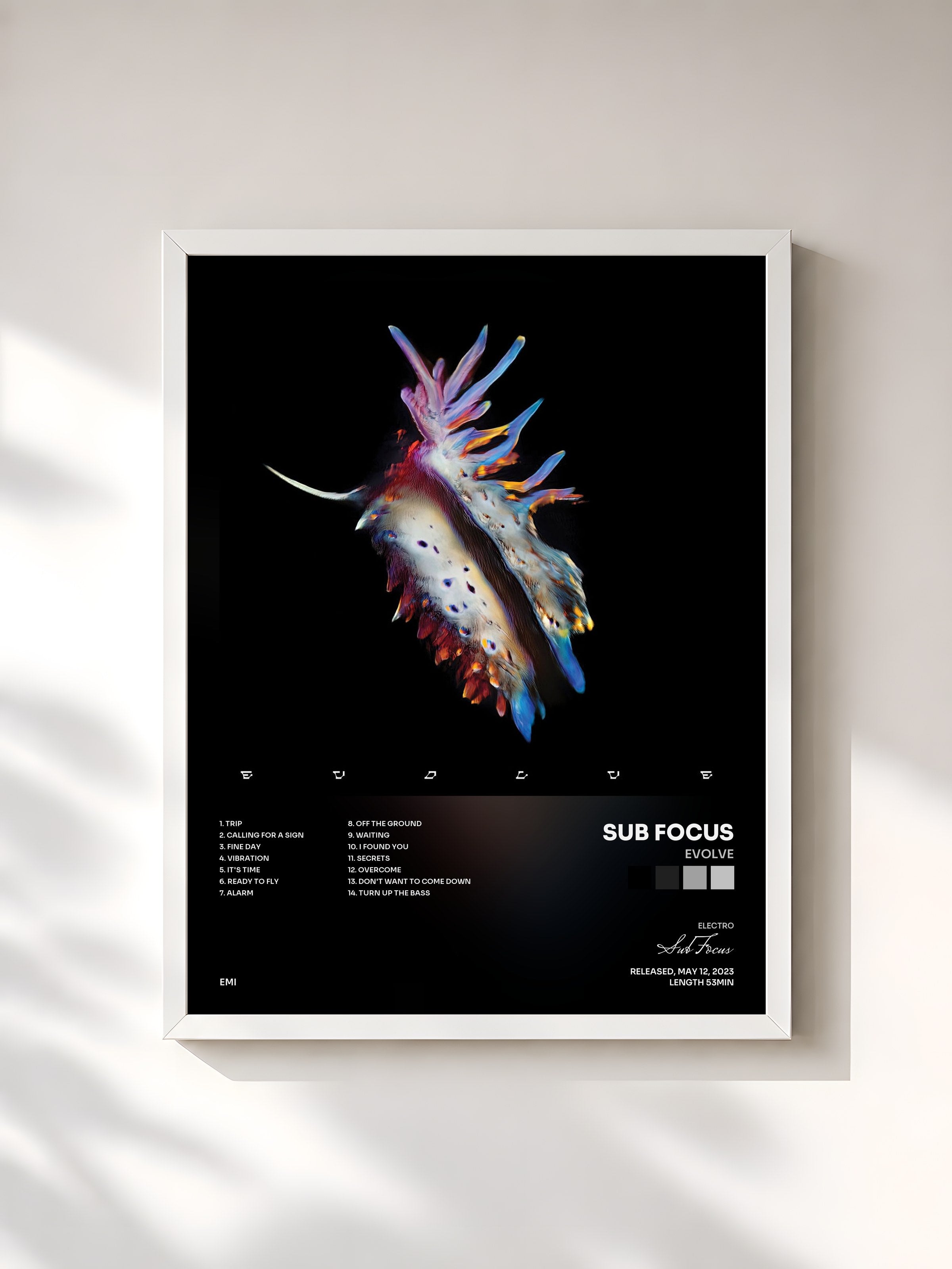 #blanc Tableau de l'album Evolve de Sub Focus, cadre blanc, imprimé et encadré en France