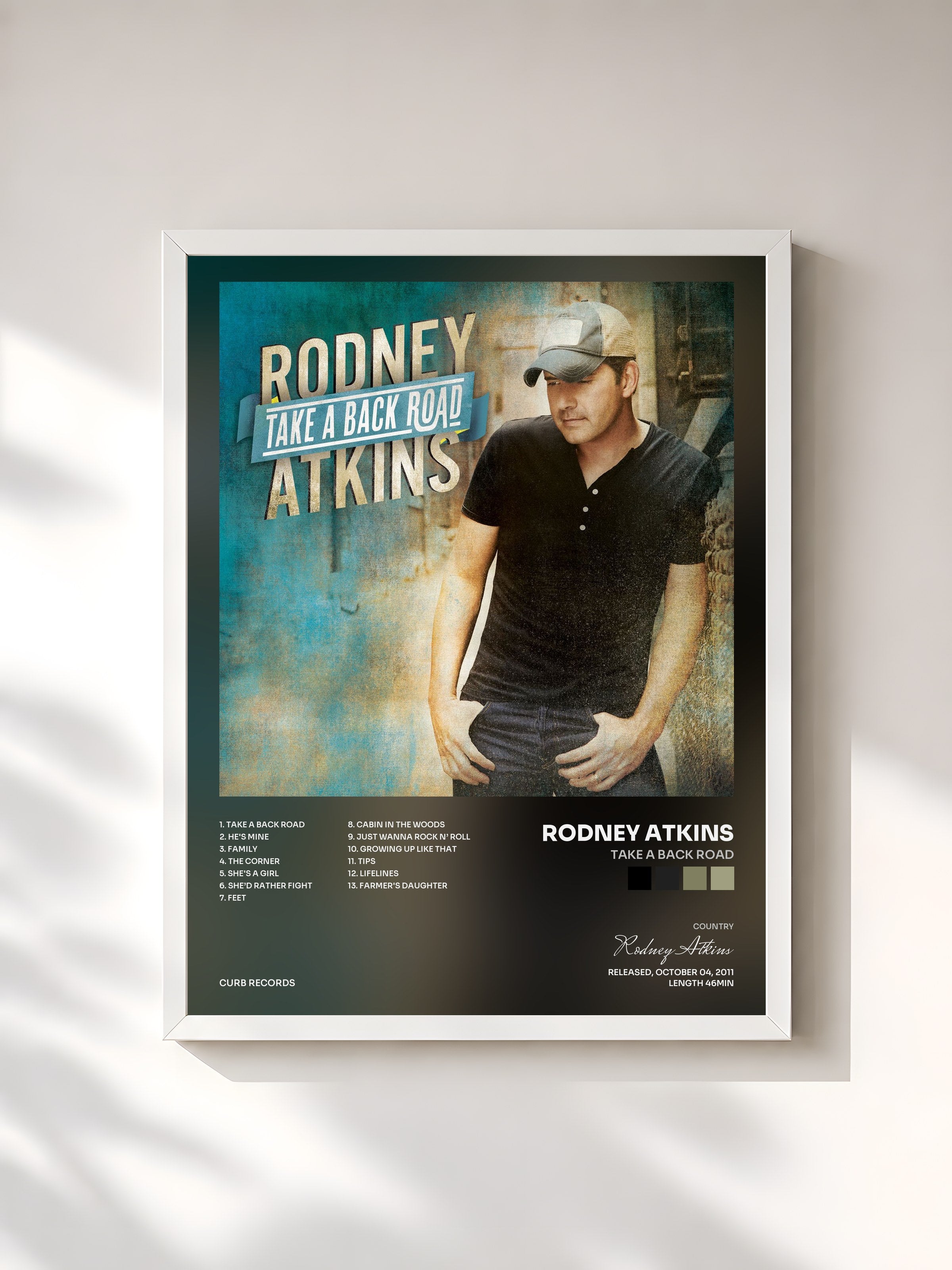 #blanc Tableau de l'album Take A Back Road de Rodney Atkins, cadre blanc, imprimé et encadré en France