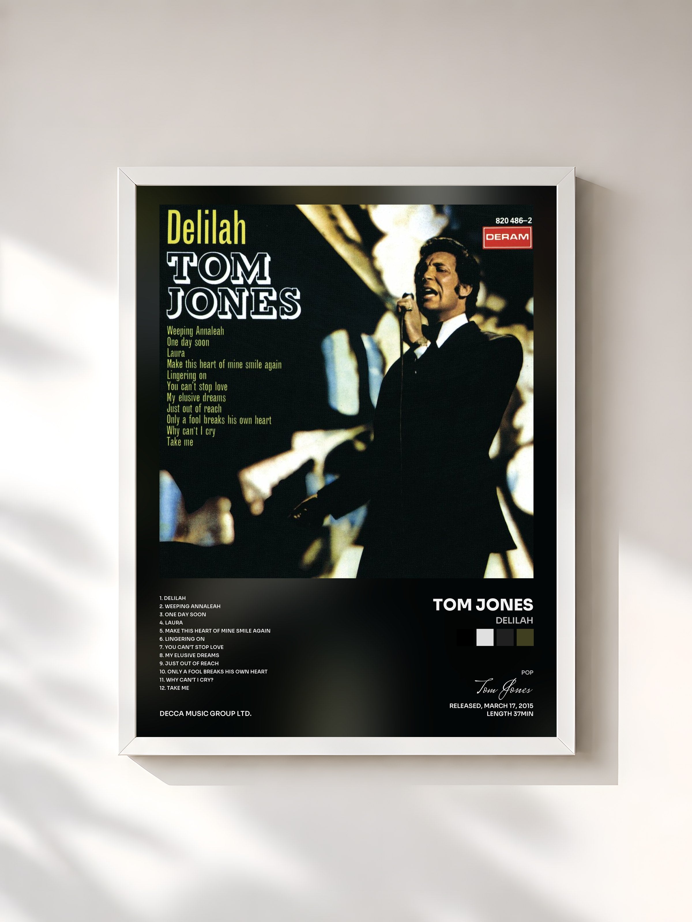 #blanc Tableau de l'album Delilah de Tom Jones, cadre blanc, imprimé et encadré en France