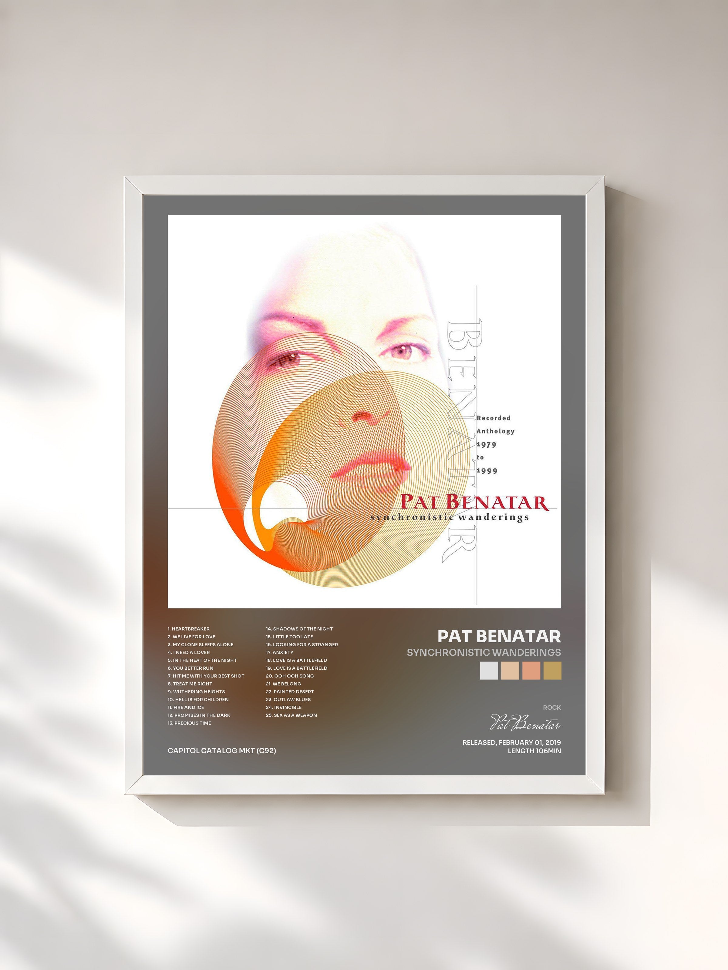 #blanc Tableau de l'album Synchronistic Wanderings de Pat Benatar, cadre blanc, imprimé et encadré en France