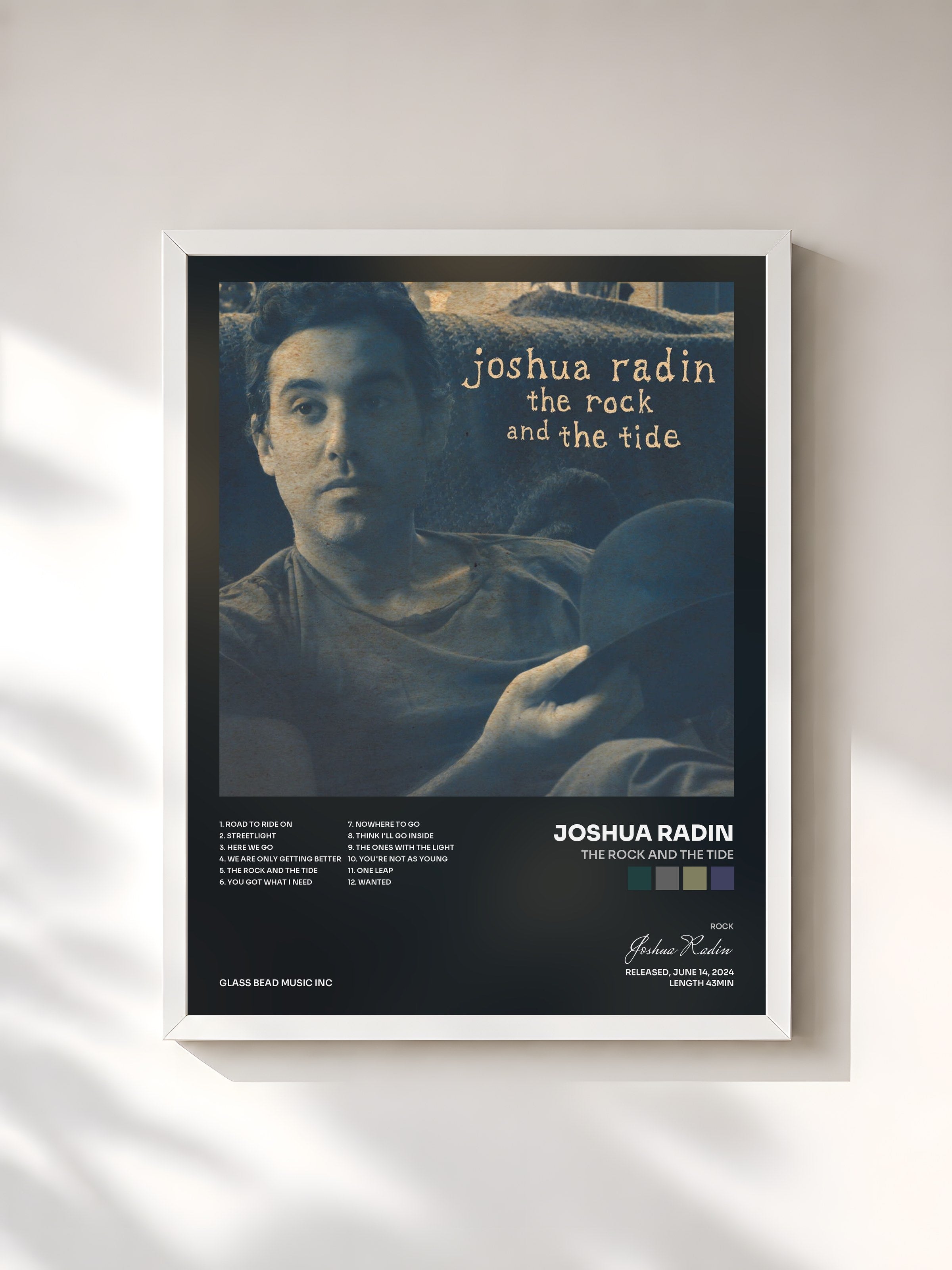 #blanc Tableau de l'album The Rock and the Tide de Joshua Radin, cadre blanc, imprimé et encadré en France