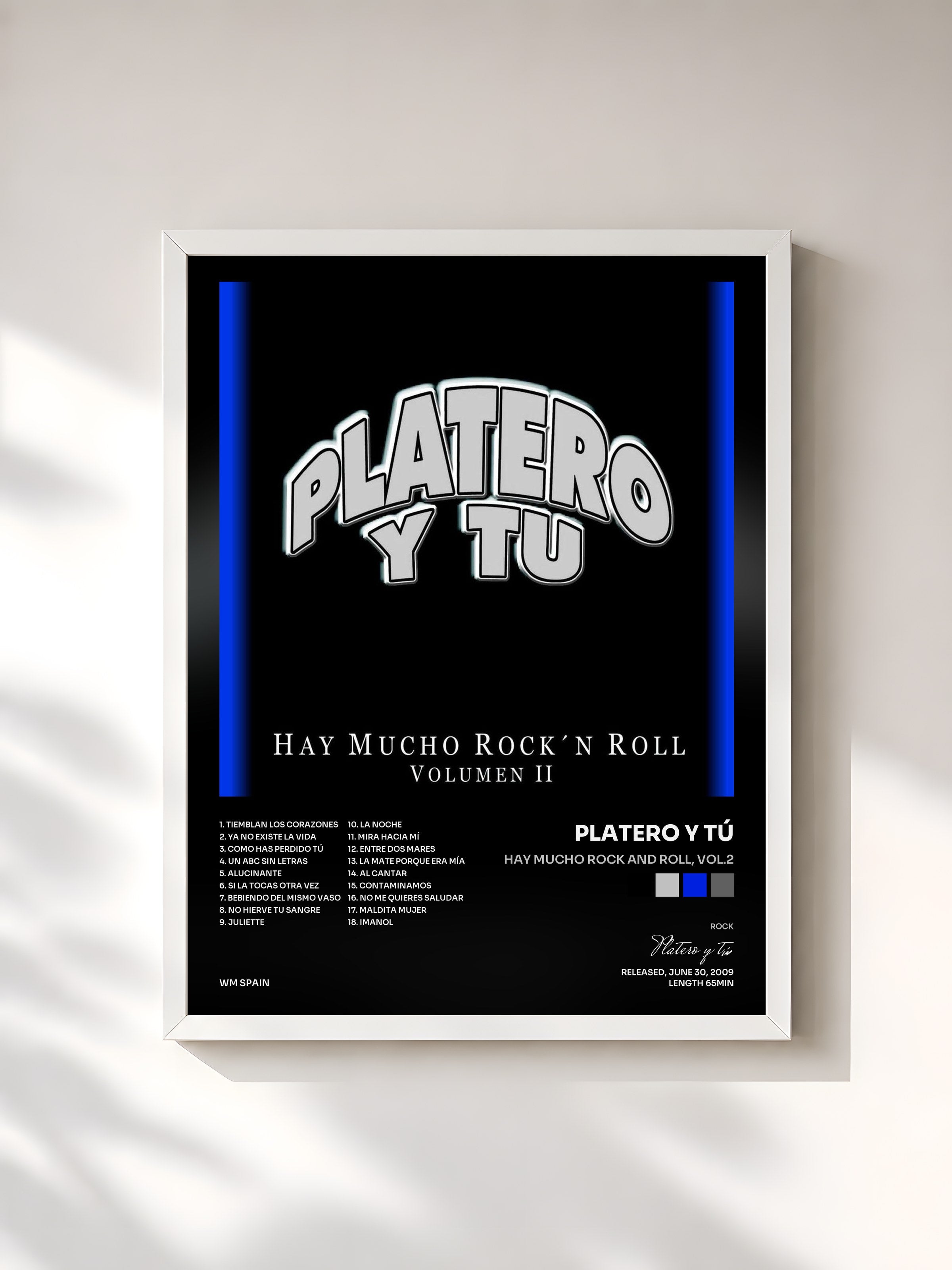 #blanc Tableau de l'album Hay mucho Rock and Roll, Vol.2 de Platero y tú, cadre blanc, imprimé et encadré en France