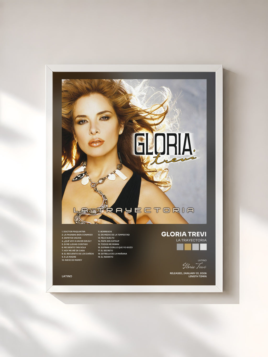 #blanc Tableau de l'album La Trayectoria de Gloria Trevi, cadre blanc, imprimé et encadré en France