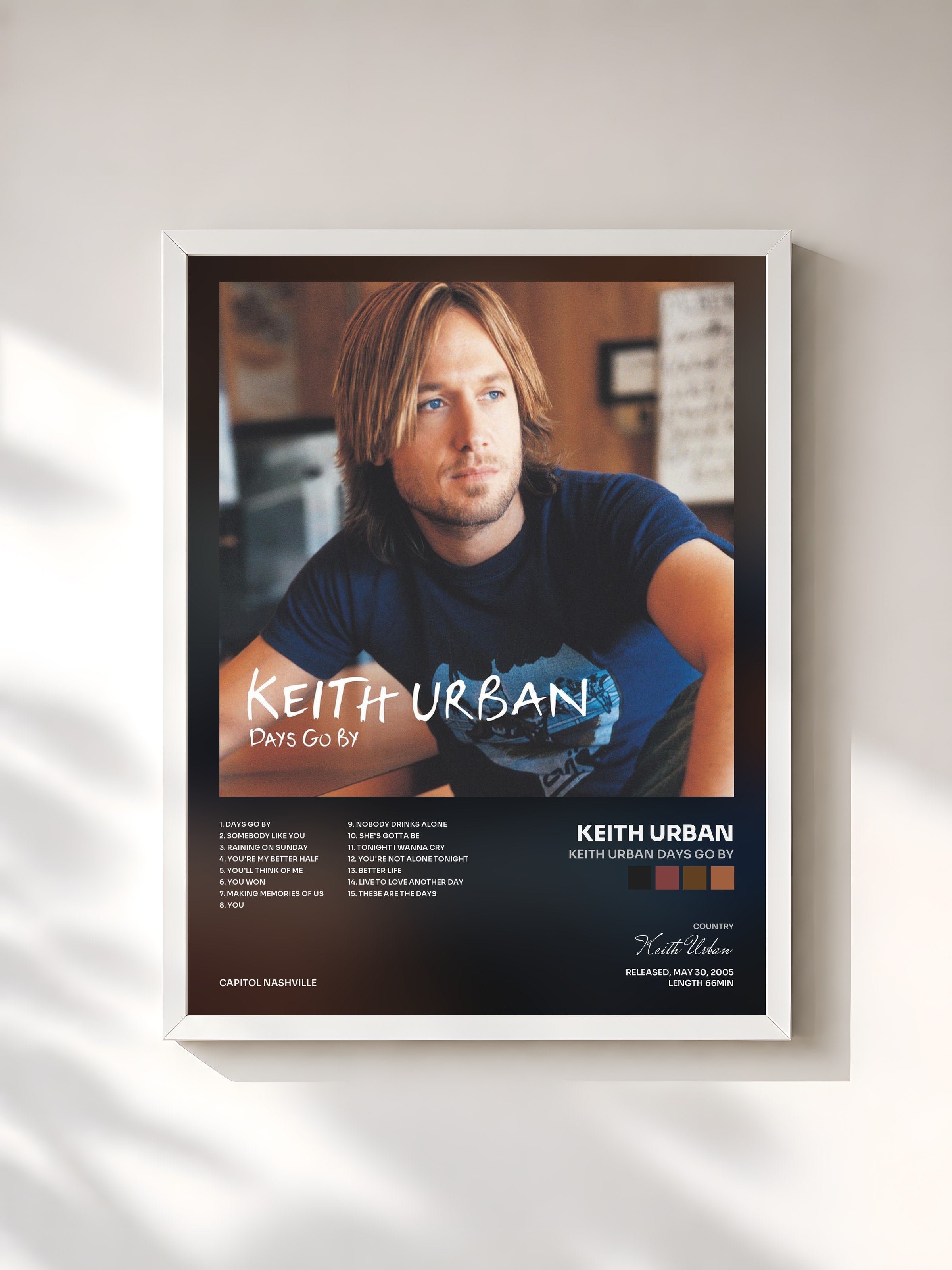 #blanc Tableau de l'album Keith Urban Days Go By de Keith Urban, cadre blanc, imprimé et encadré en France