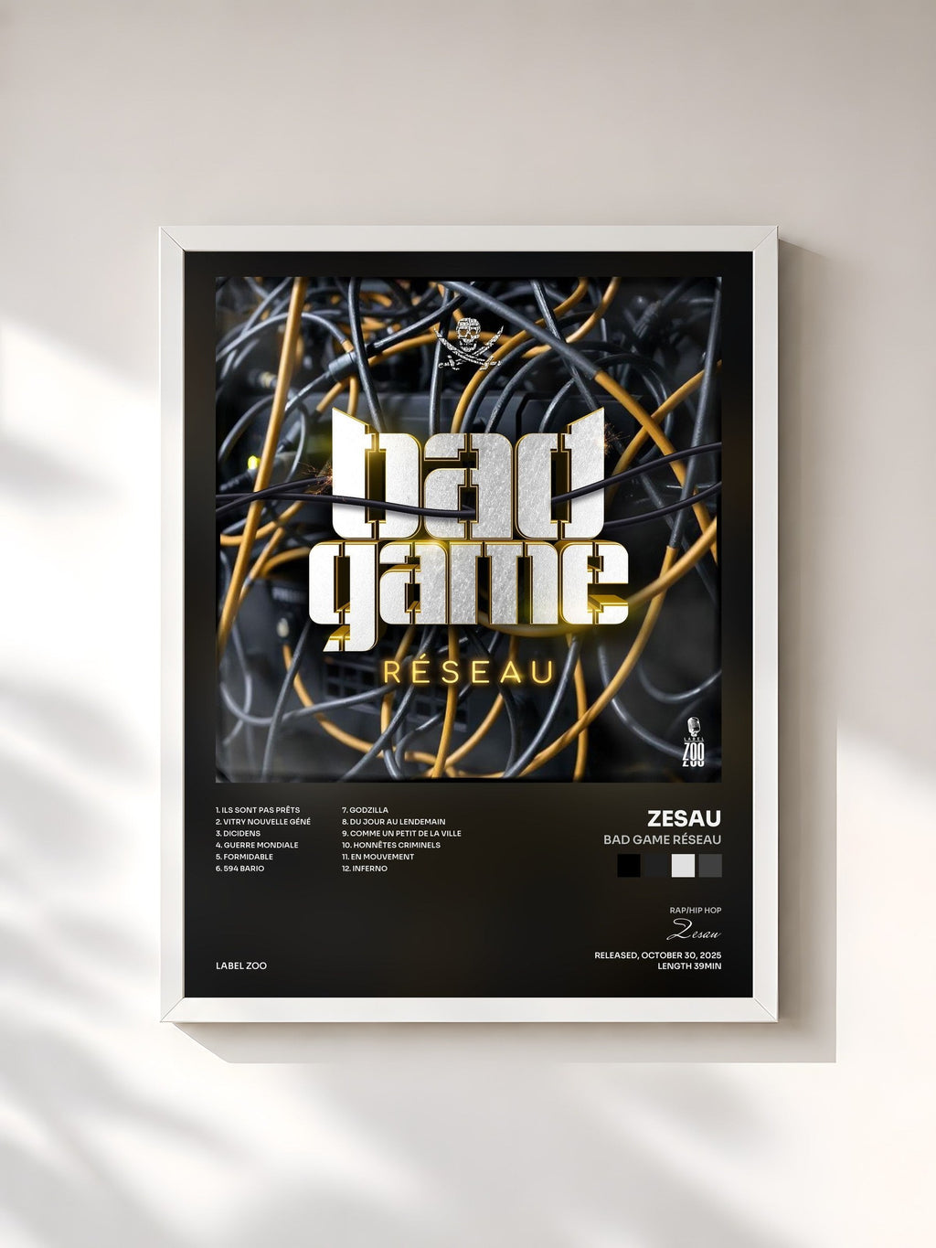 #blanc Bad Game Réseau by Zesau as a framed art print, white frame, printed and framed in France