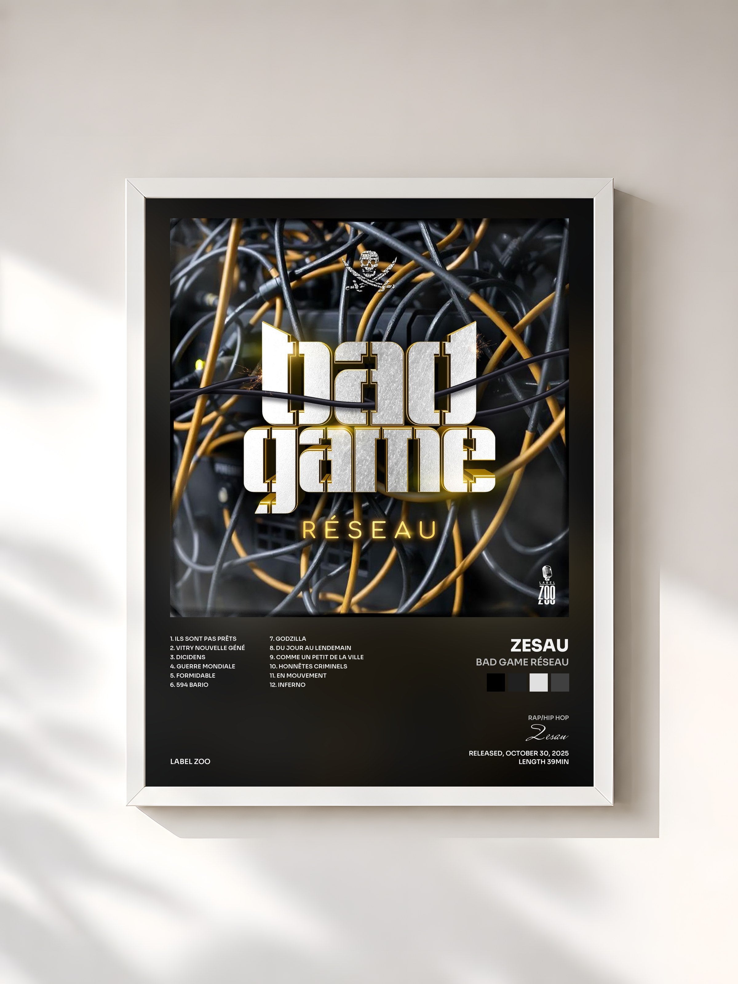 #blanc Tableau de l'album Bad Game Réseau de Zesau, cadre blanc, imprimé et encadré en France