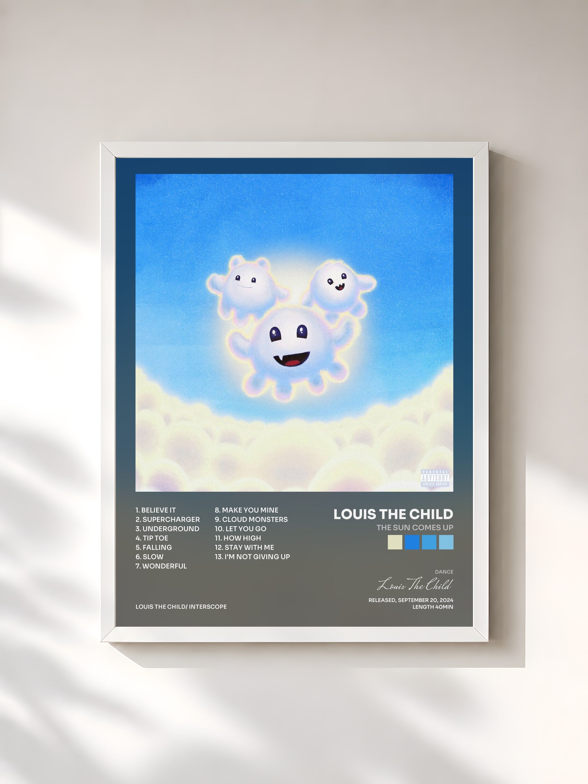 #blanc Tableau de l'album The Sun Comes Up de Louis The Child, cadre blanc, imprimé et encadré en France