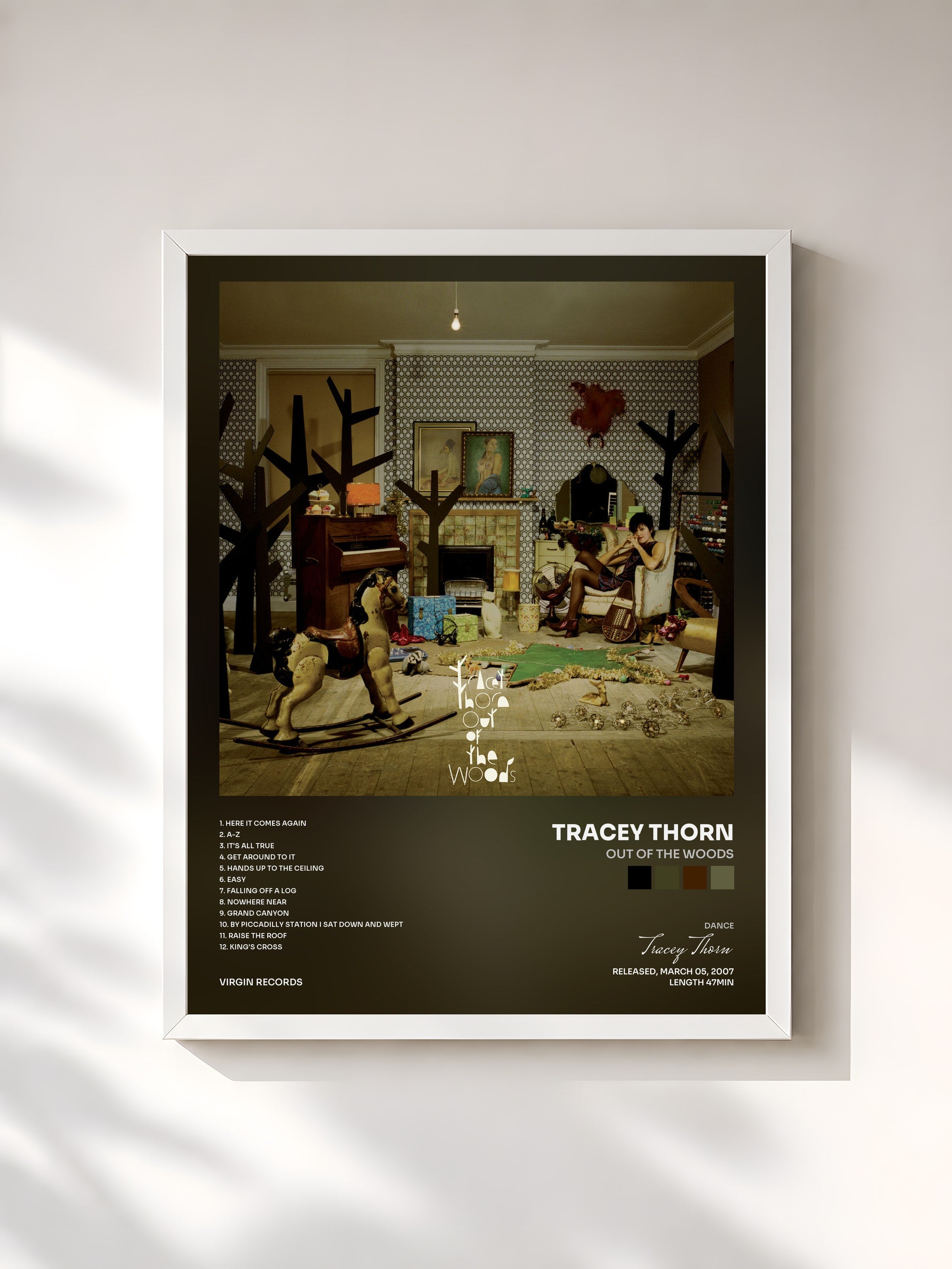 #blanc Tableau de l'album Out Of The Woods de Tracey Thorn, cadre blanc, imprimé et encadré en France