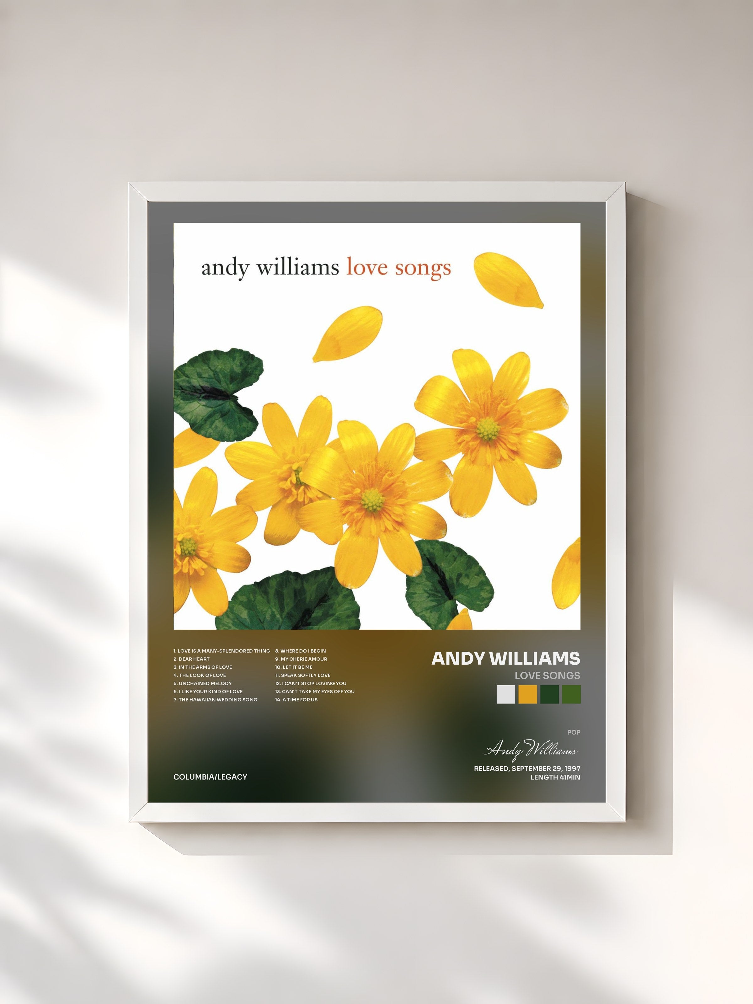 #blanc Tableau de l'album Love Songs de Andy Williams, cadre blanc, imprimé et encadré en France