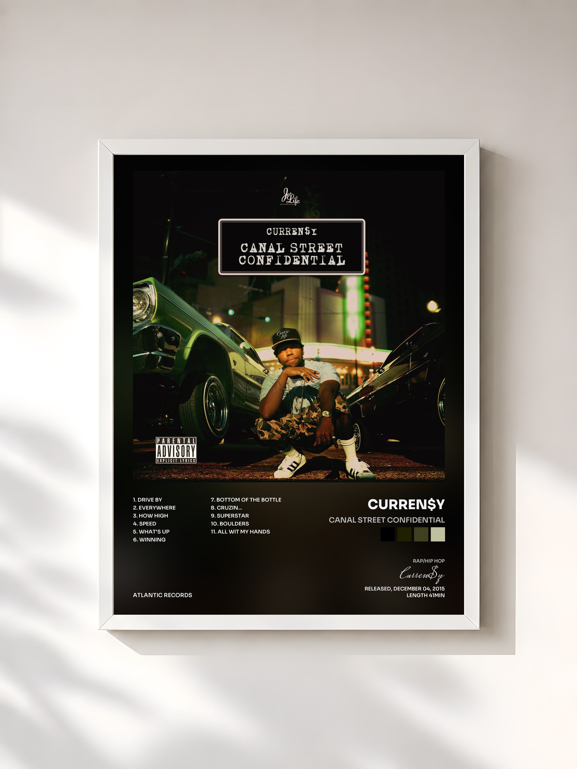 #blanc Tableau de l'album Canal Street Confidential de Curren$y, cadre blanc, imprimé et encadré en France